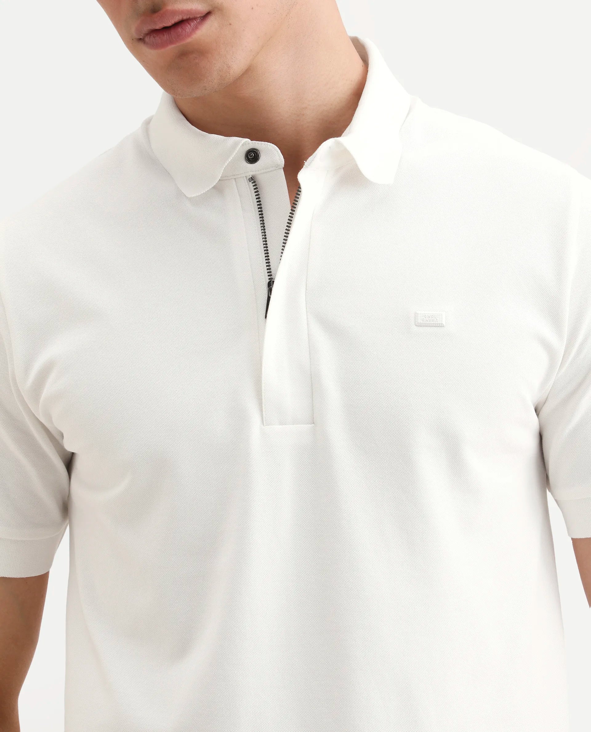 Rare Rabbit Men's Salis-S26 White Cotton Blend Fabric Half Sleeve Spread Collar Regular Fit Plain Polo