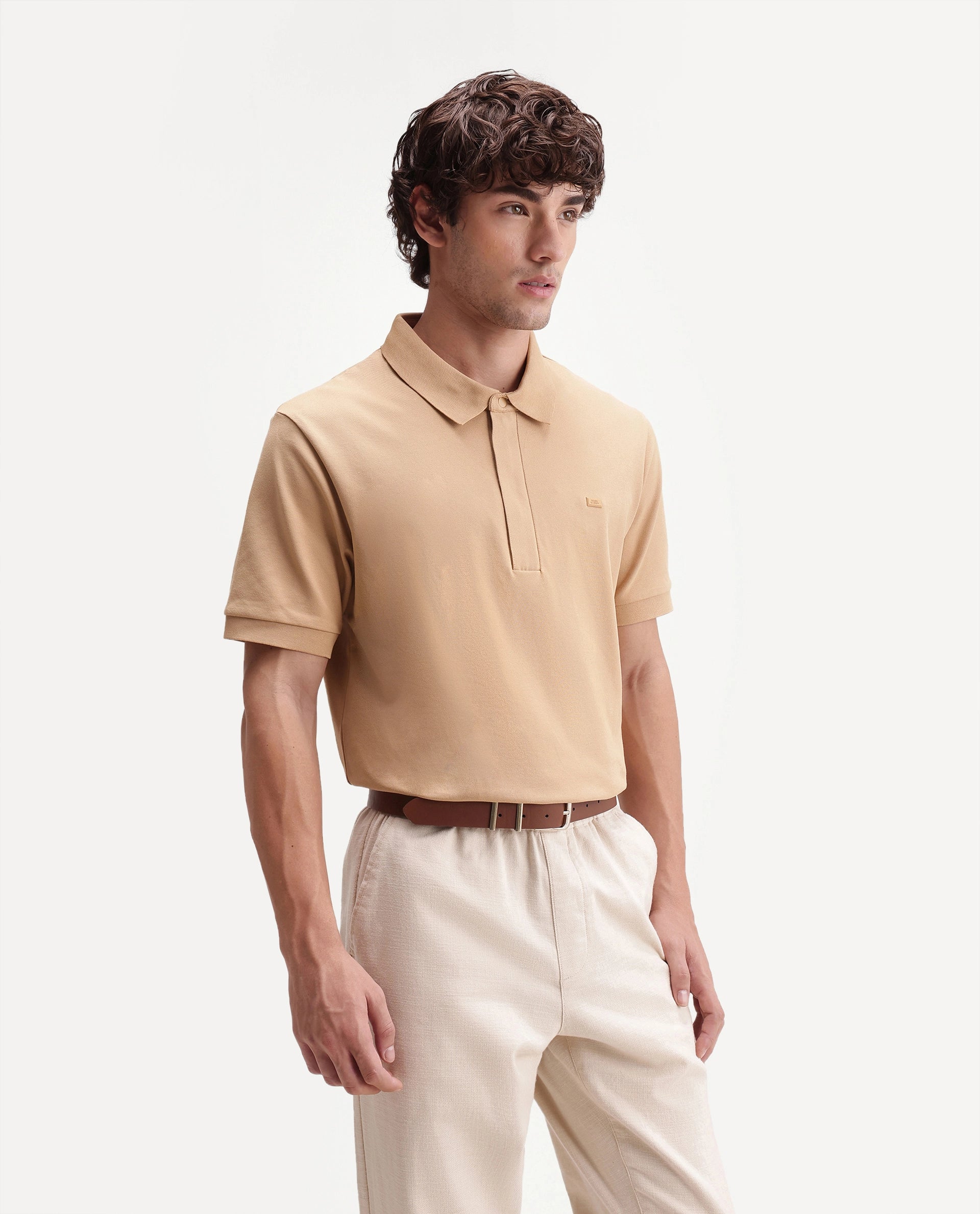 Rare Rabbit Men's Salis-S26 Light Yellow Cotton Blend Fabric Half Sleeve Spread Collar Regular Fit Plain Polo
