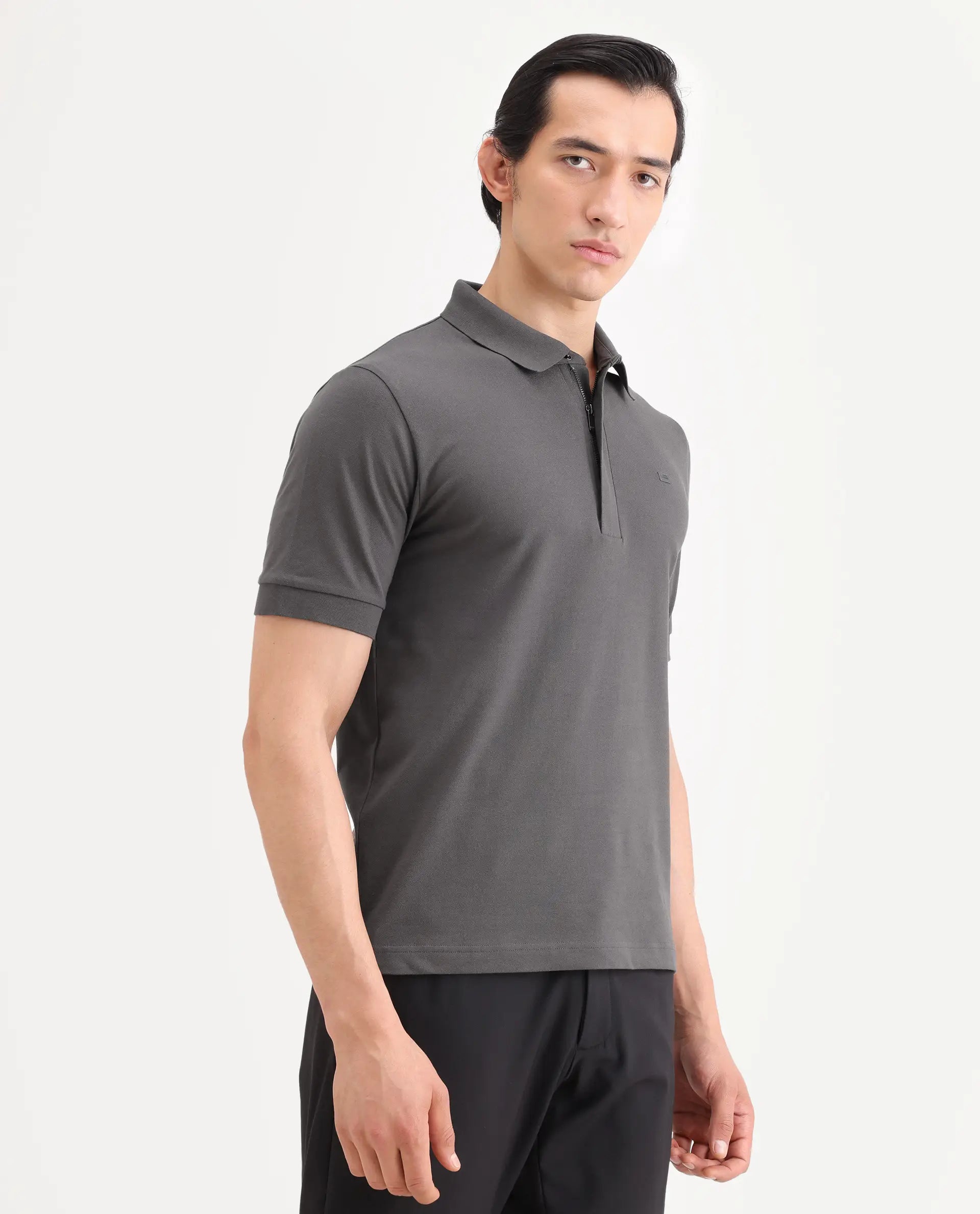 Rare Rabbit Men's Salis-S26 Grey Cotton Blend Fabric Half Sleeve Spread Collar Regular Fit Plain Polo