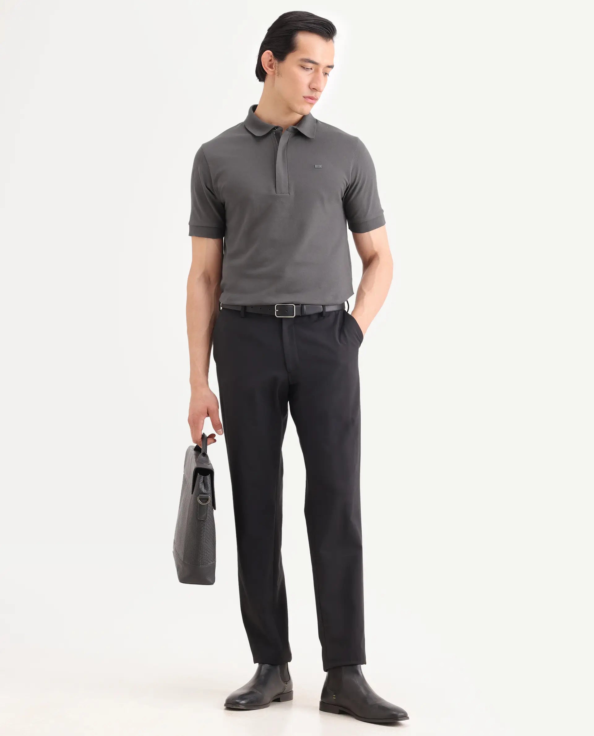 Rare Rabbit Men's Salis-S26 Grey Cotton Blend Fabric Half Sleeve Spread Collar Regular Fit Plain Polo