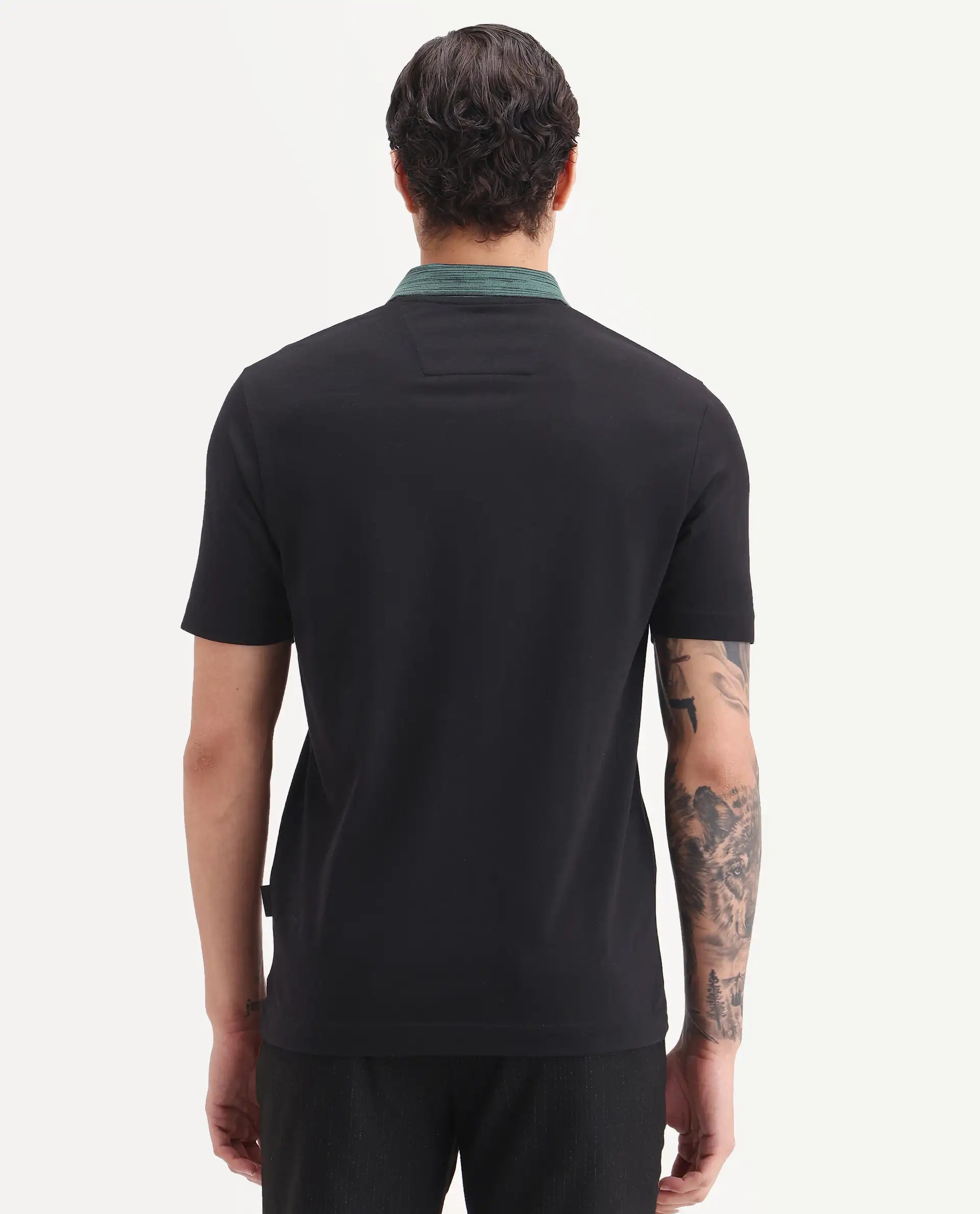 Rare Rabbit Men's Spat Black Cotton Blend Fabric Half Sleeve Spread Collar Regular Fit Plain Polo