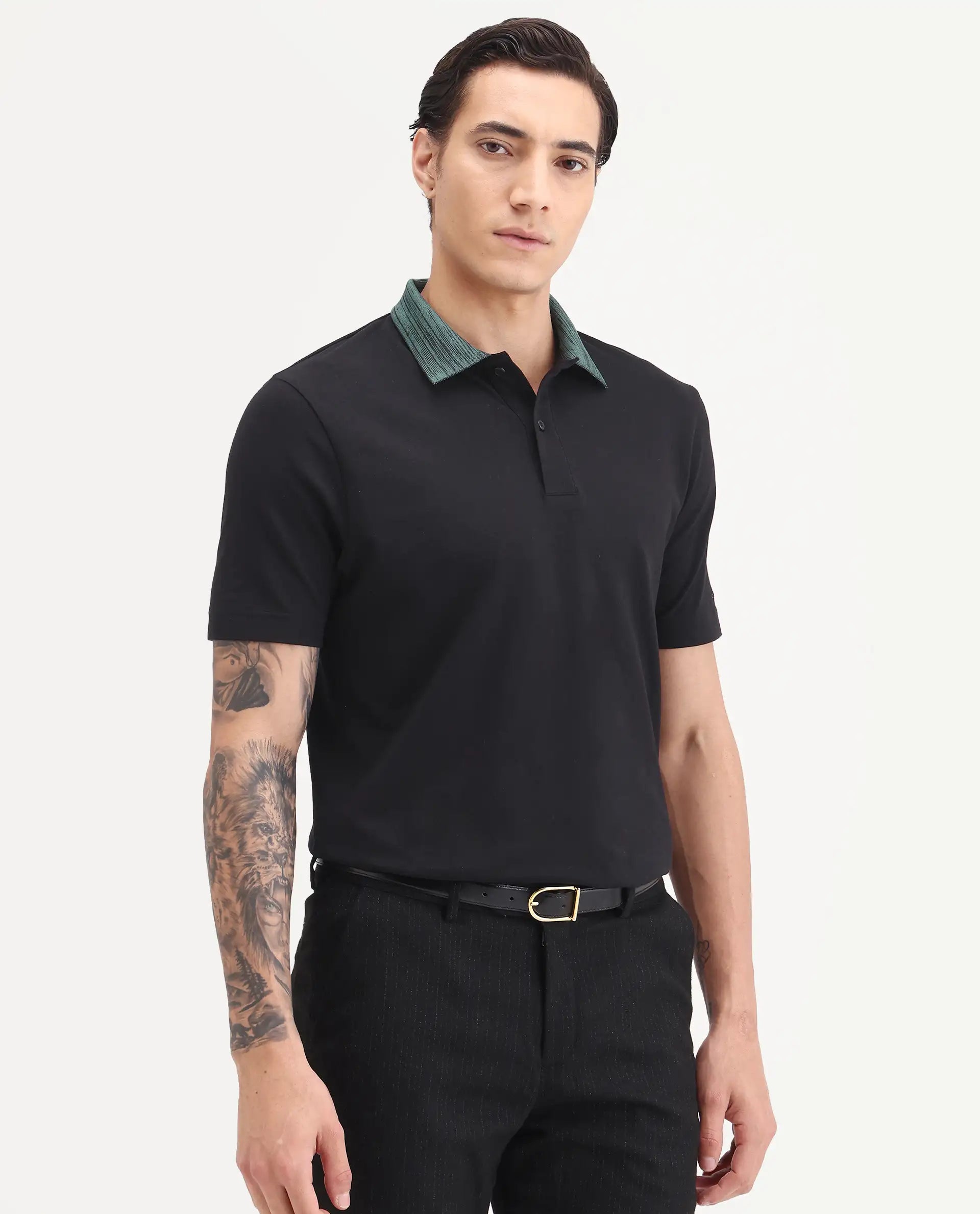 Rare Rabbit Men's Spat Black Cotton Blend Fabric Half Sleeve Spread Collar Regular Fit Plain Polo