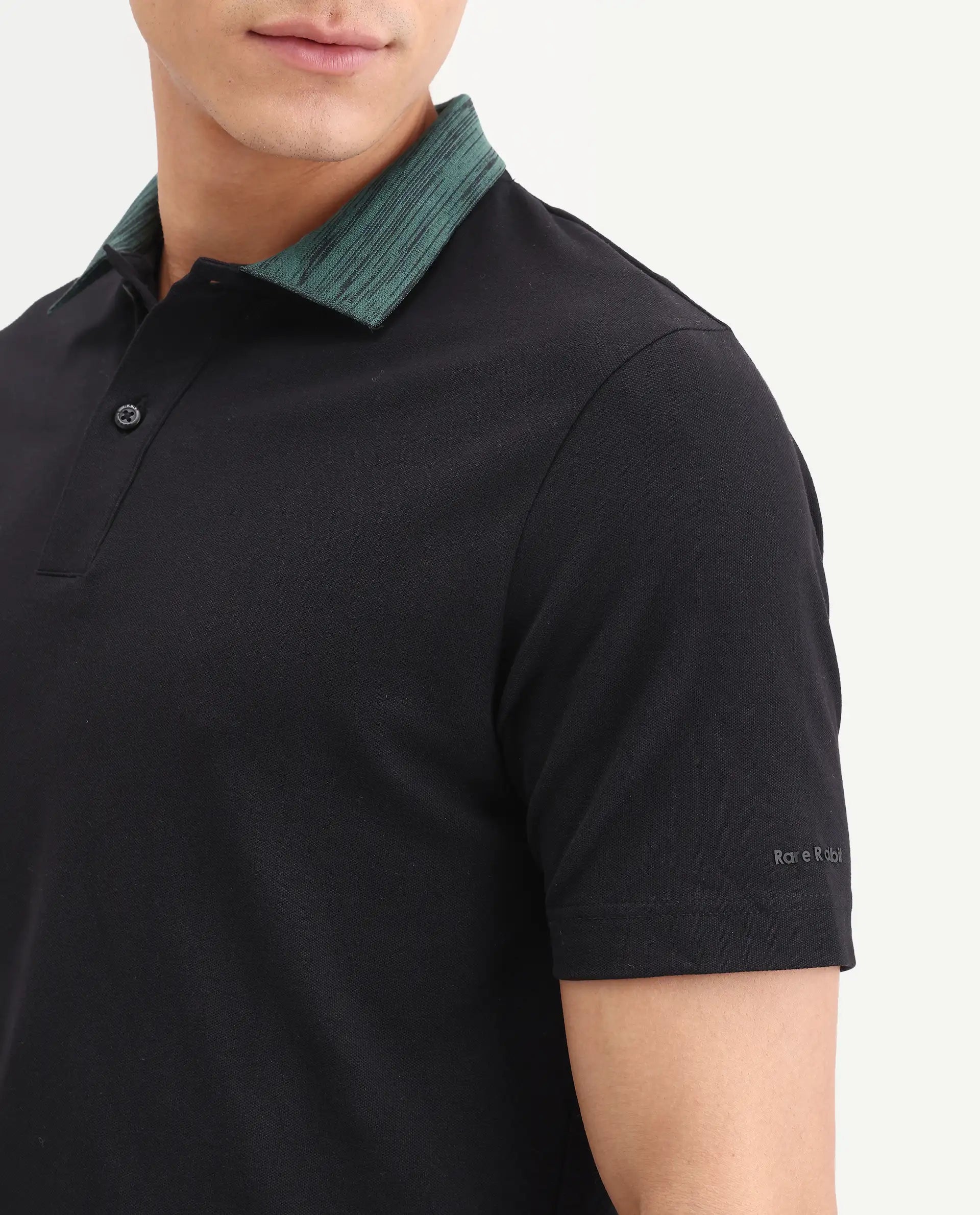Rare Rabbit Men's Spat Black Cotton Blend Fabric Half Sleeve Spread Collar Regular Fit Plain Polo