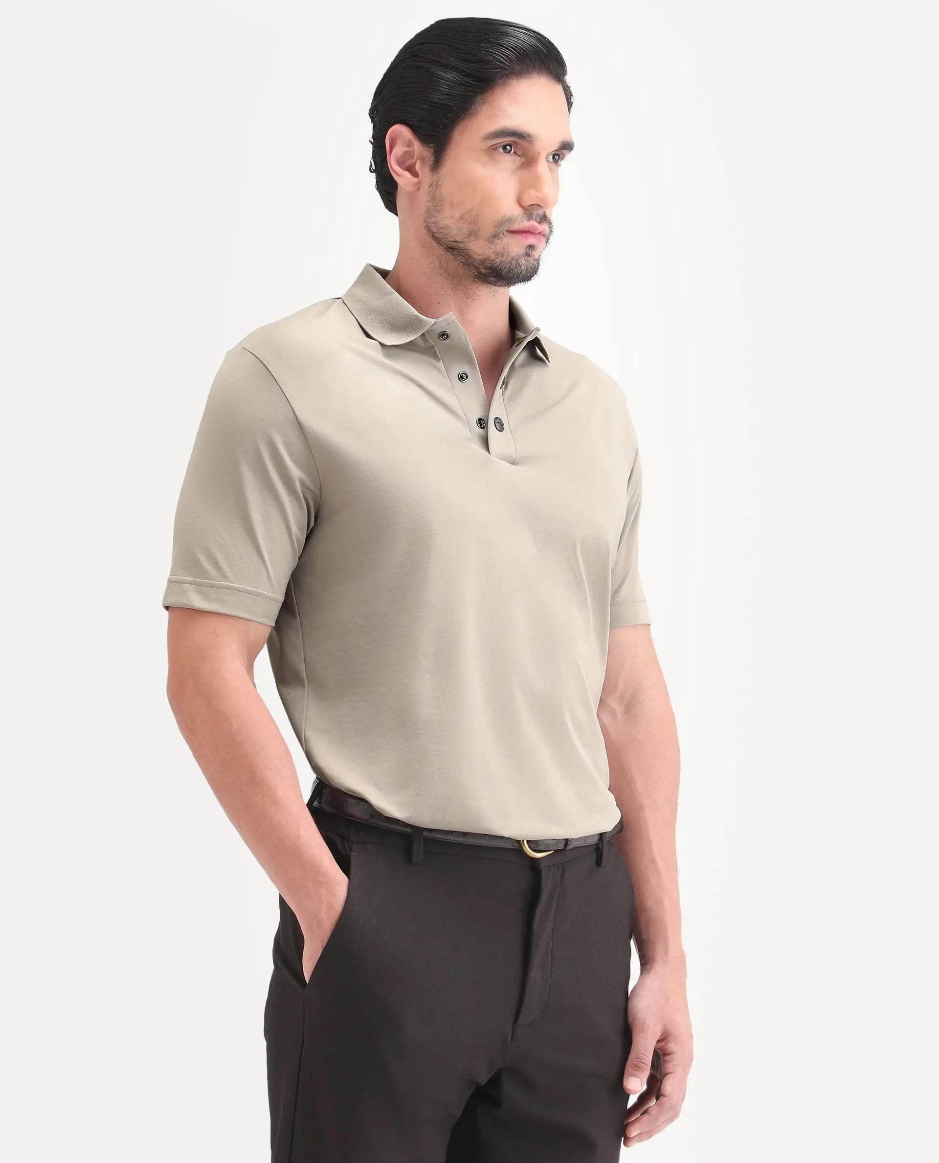 Rare Rabbit Men's Tang-S26 Dusky Beige Cotton Blend Fabric Half Sleeve Spread Collar Regular Fit Plain Polo