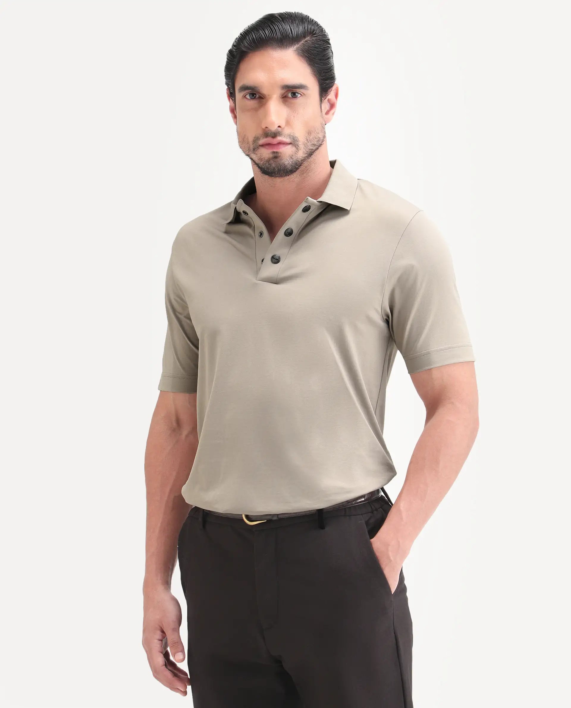 Rare Rabbit Men's Tang-S26 Dusky Beige Cotton Blend Fabric Half Sleeve Spread Collar Regular Fit Plain Polo