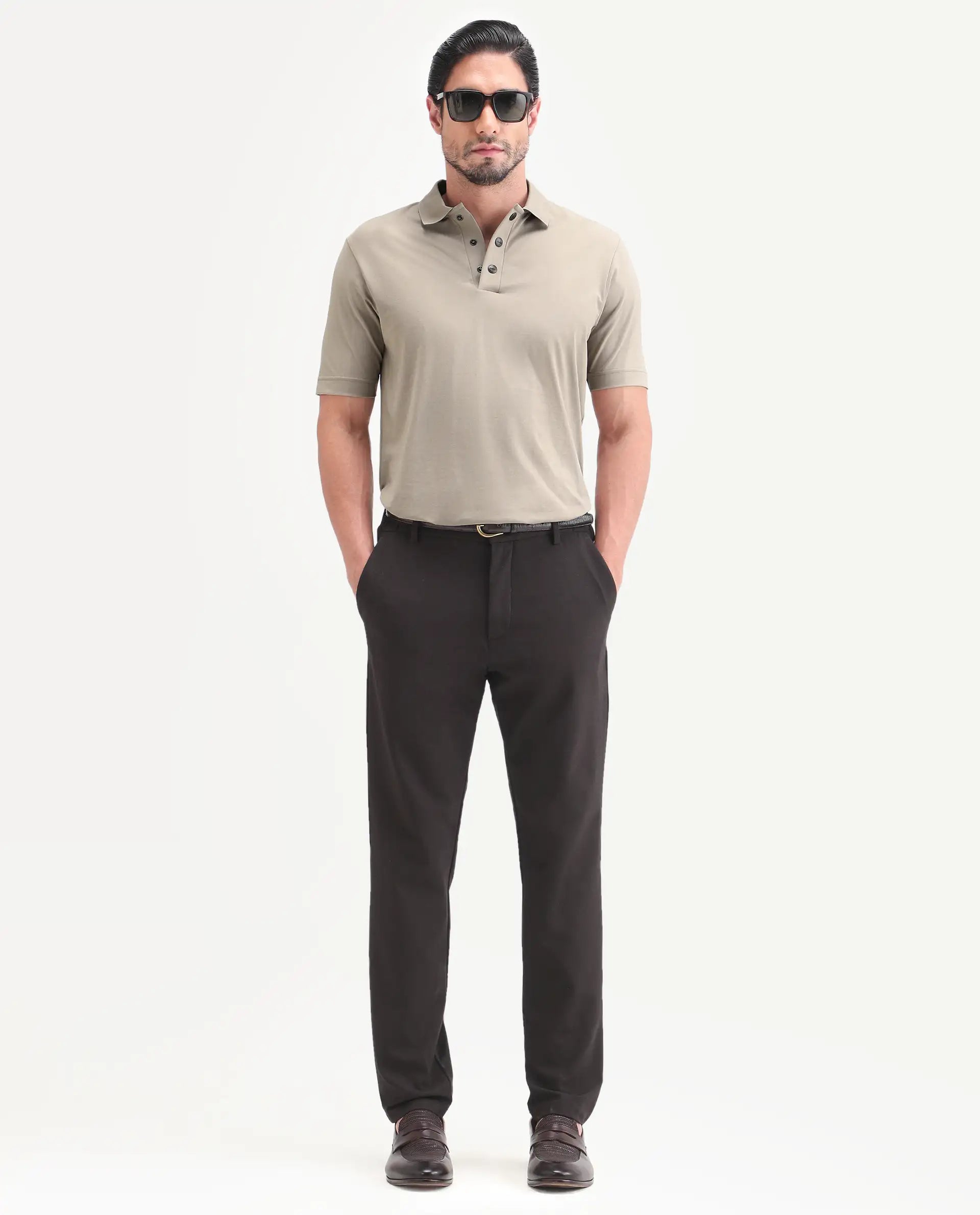 Rare Rabbit Men's Tang-S26 Dusky Beige Cotton Blend Fabric Half Sleeve Spread Collar Regular Fit Plain Polo