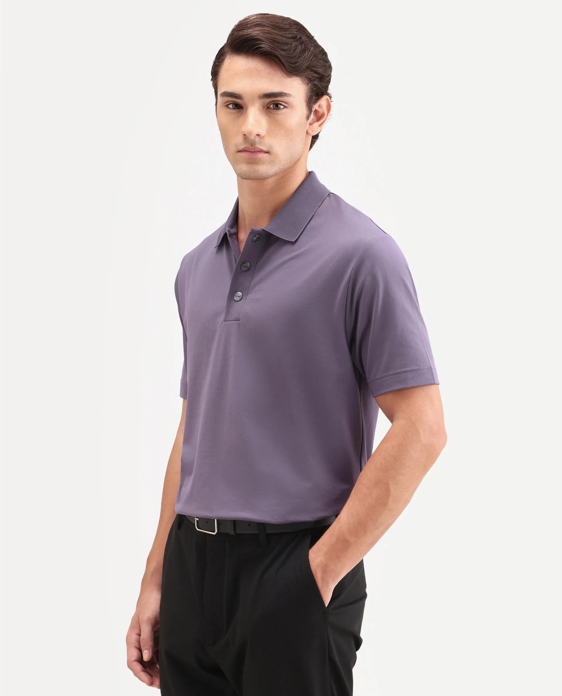 Rare Rabbit Men's Tang-S26 Dusky Purple Cotton Blend Fabric Half Sleeve Spread Collar Regular Fit Plain Polo