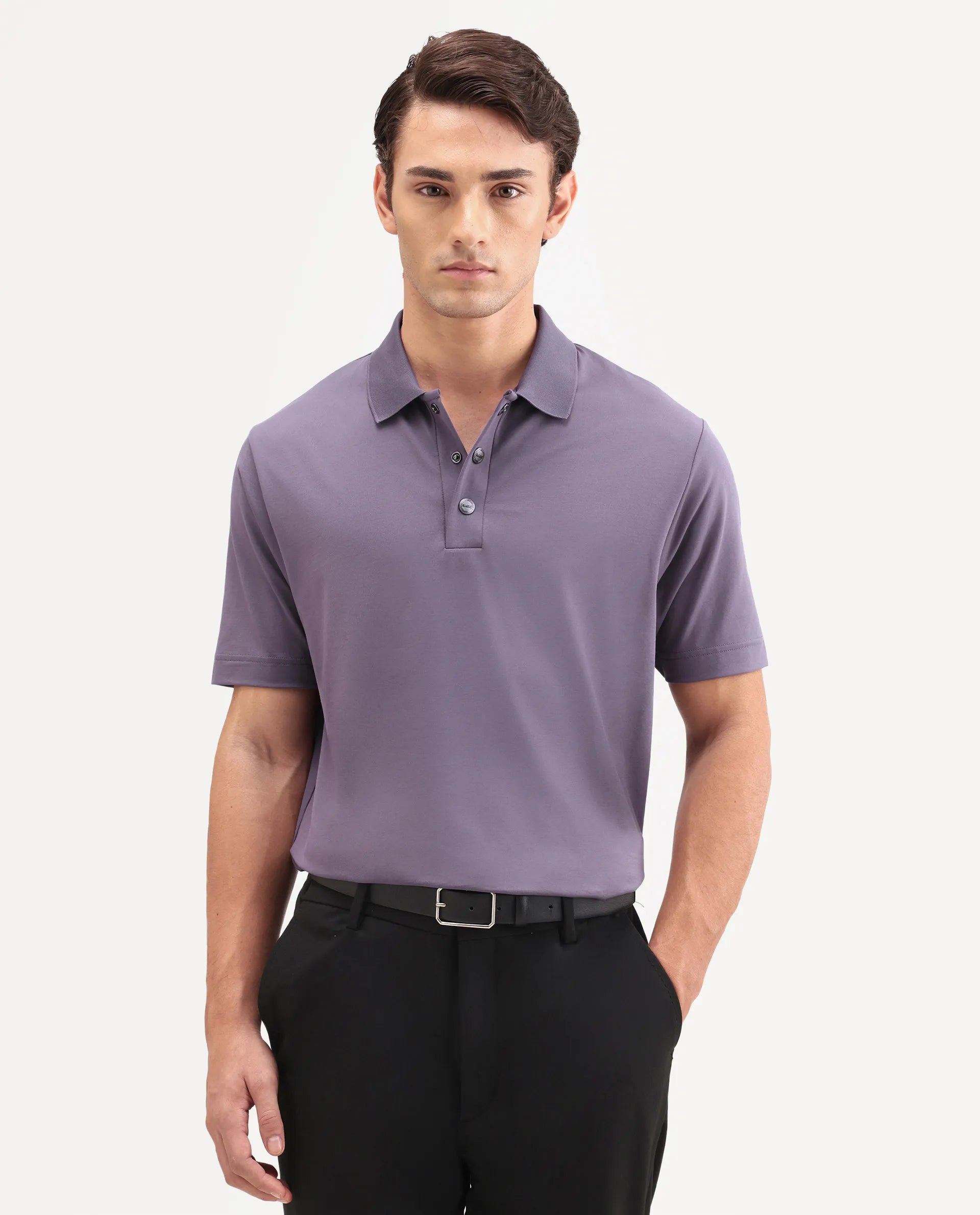 Rare Rabbit Men's Tang-S26 Dusky Purple Cotton Blend Fabric Half Sleeve Spread Collar Regular Fit Plain Polo