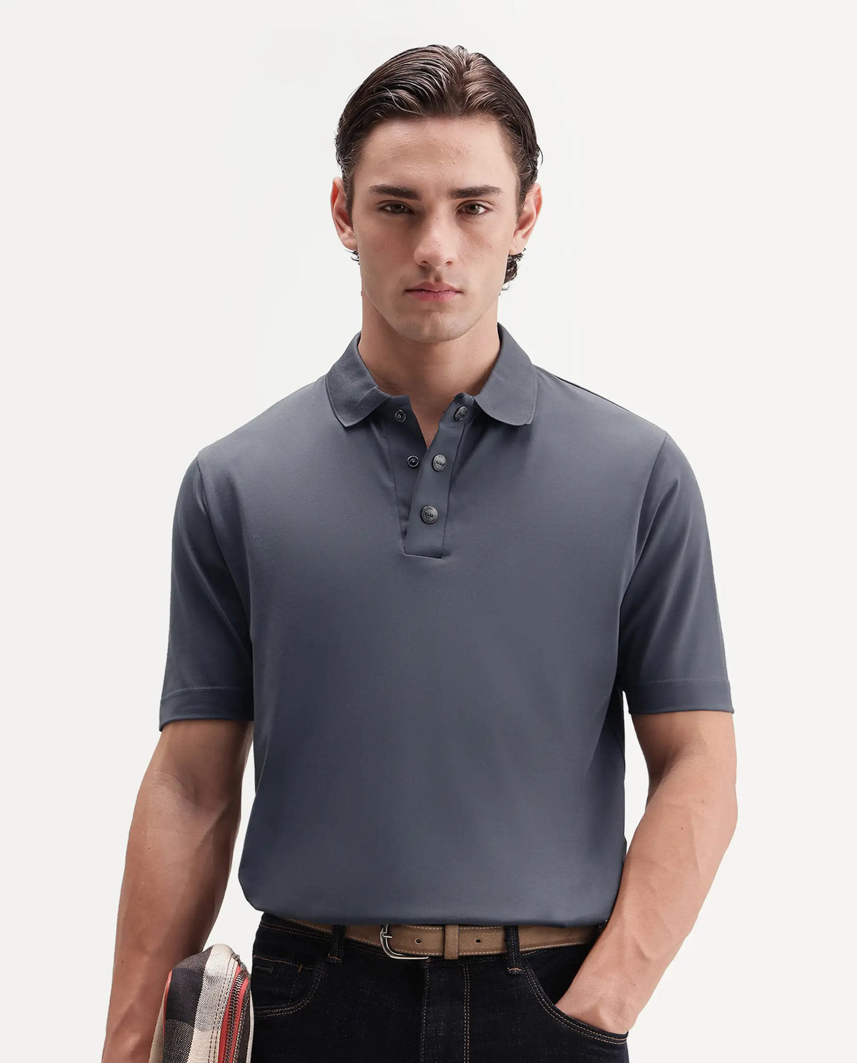 Rare Rabbit Men's Tang-S26 Grey Cotton Blend Fabric Half Sleeve Spread Collar Regular Fit Plain Polo