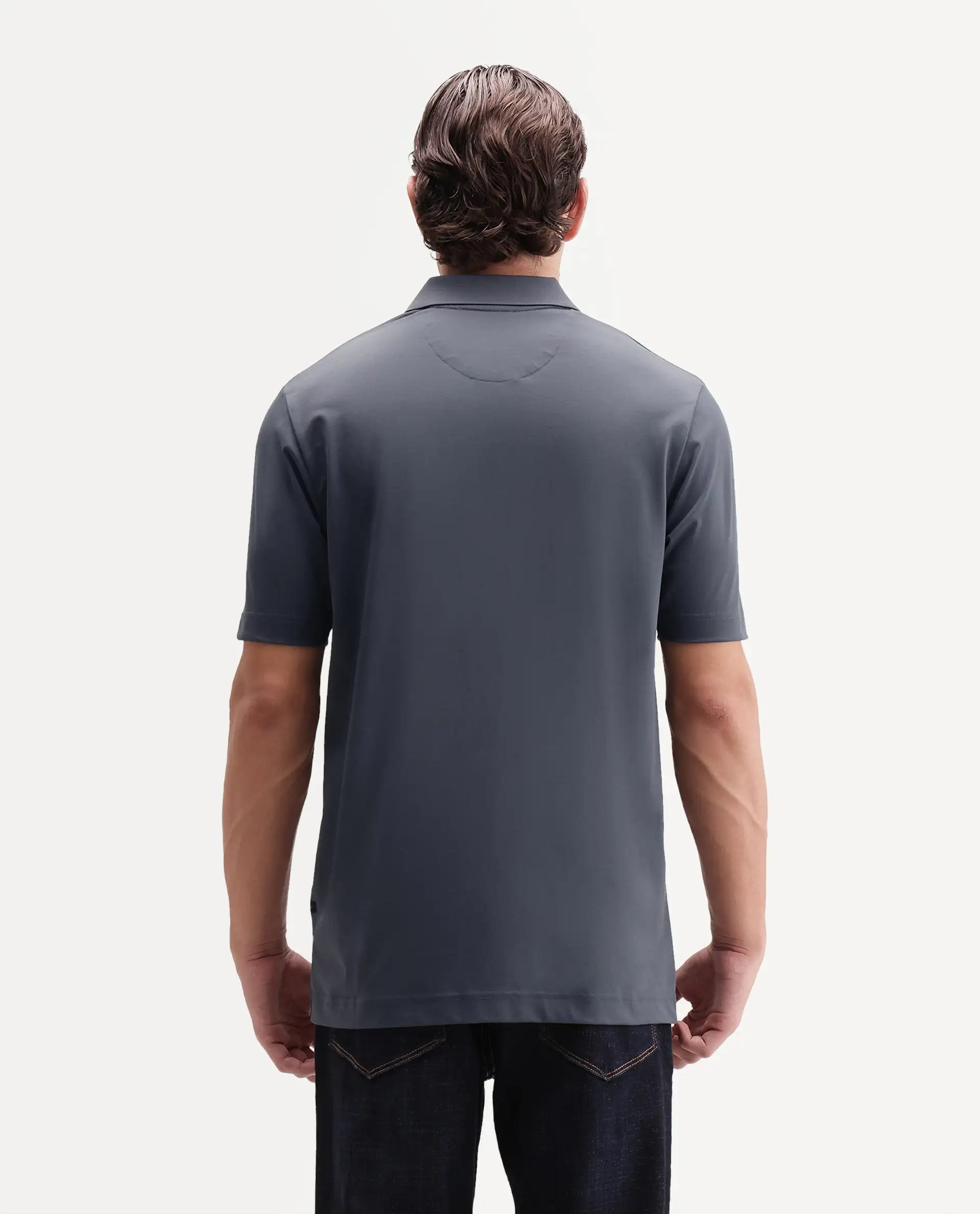Rare Rabbit Men's Tang-S26 Grey Cotton Blend Fabric Half Sleeve Spread Collar Regular Fit Plain Polo