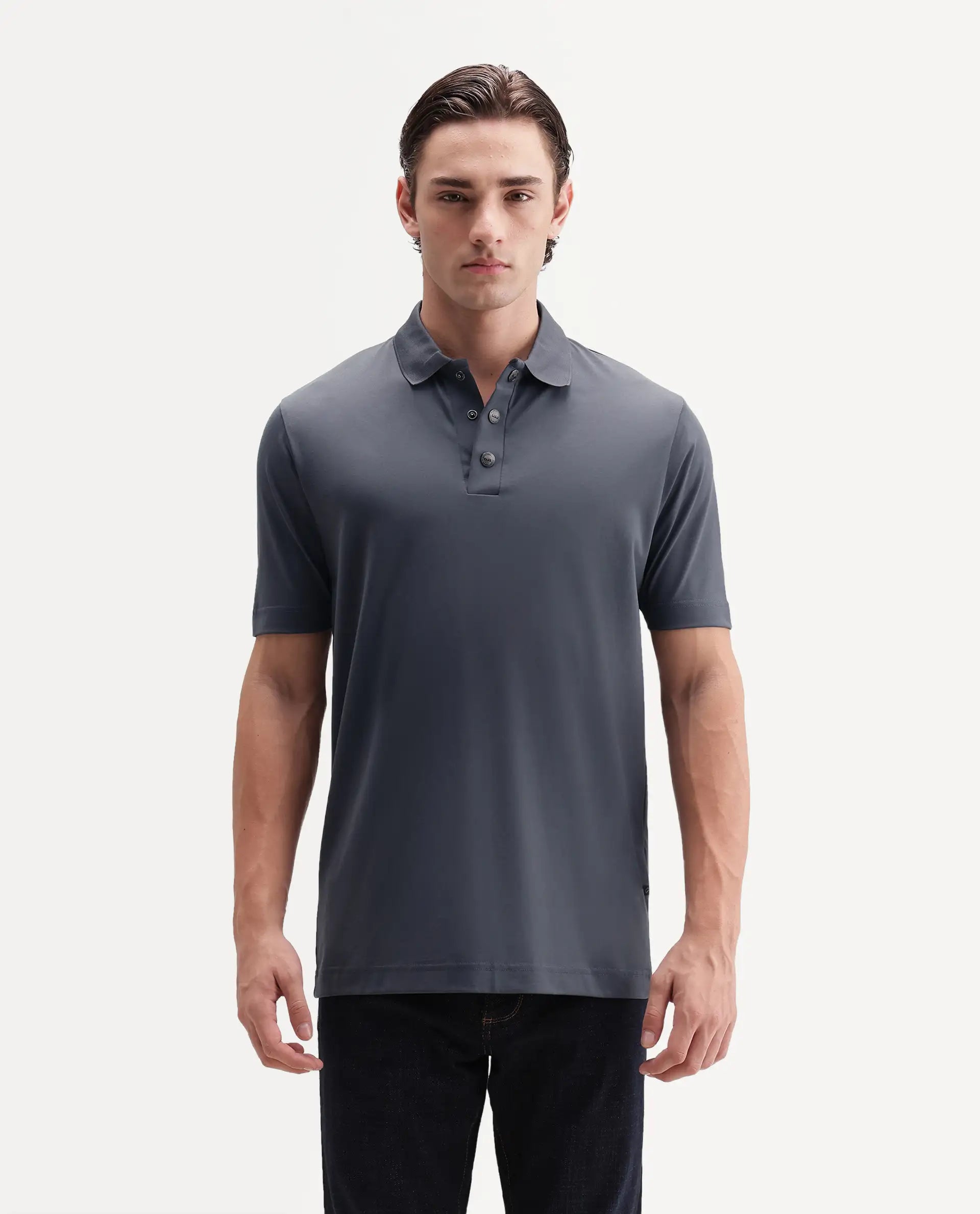 Rare Rabbit Men's Tang-S26 Grey Cotton Blend Fabric Half Sleeve Spread Collar Regular Fit Plain Polo
