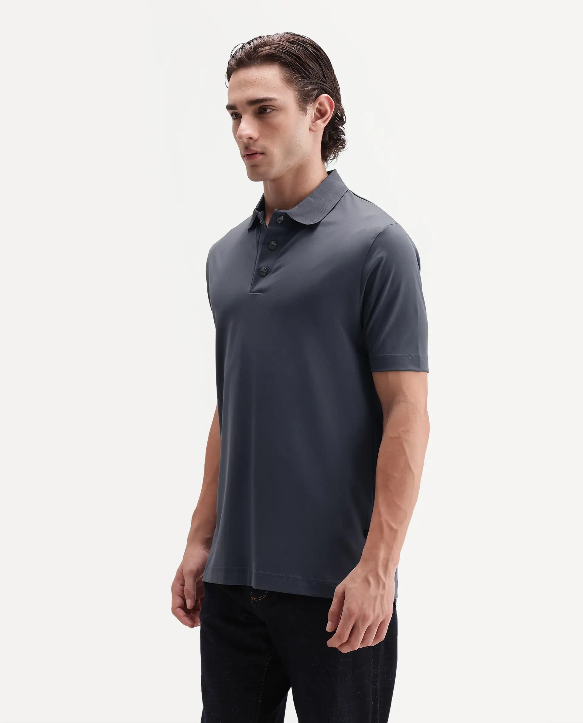 Rare Rabbit Men's Tang-S26 Grey Cotton Blend Fabric Half Sleeve Spread Collar Regular Fit Plain Polo