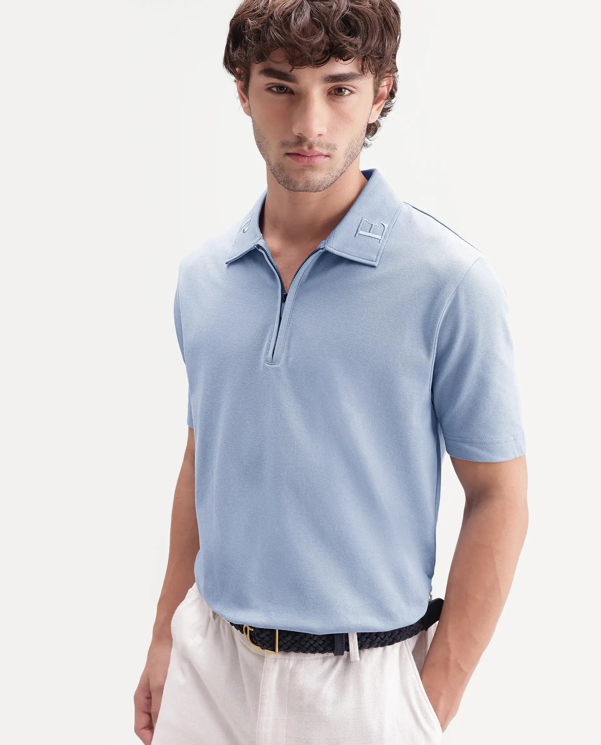 Rare Rabbit Men's Thero-S26 Dusky Blue Cotton Blend Fabric Half Sleeve Spread Collar Regular Fit Plain Polo