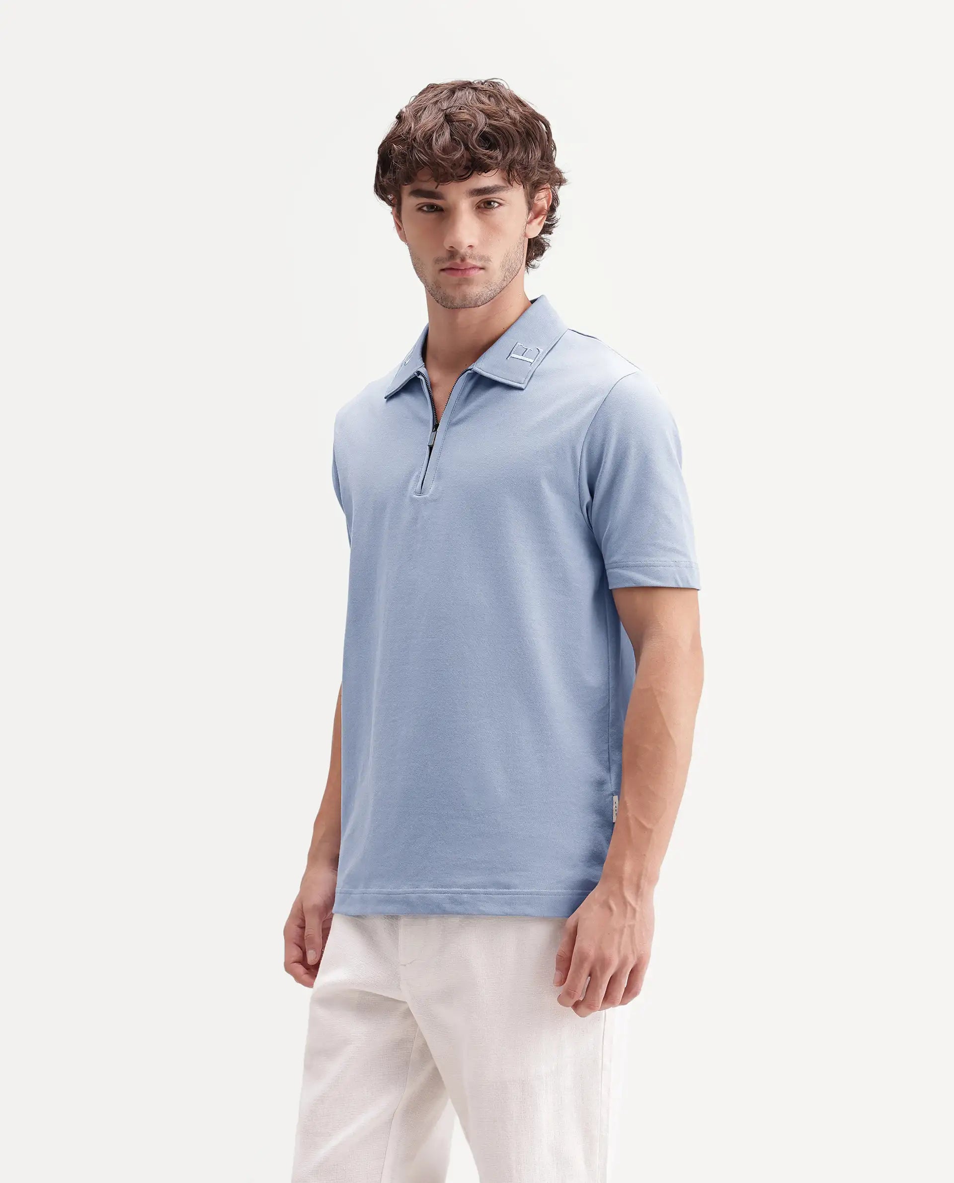 Rare Rabbit Men's Thero-S26 Dusky Blue Cotton Blend Fabric Half Sleeve Spread Collar Regular Fit Plain Polo