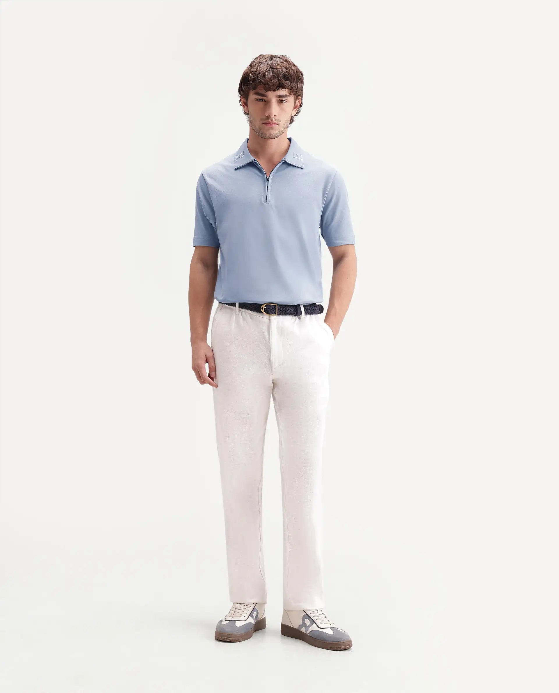Rare Rabbit Men's Thero-S26 Dusky Blue Cotton Blend Fabric Half Sleeve Spread Collar Regular Fit Plain Polo