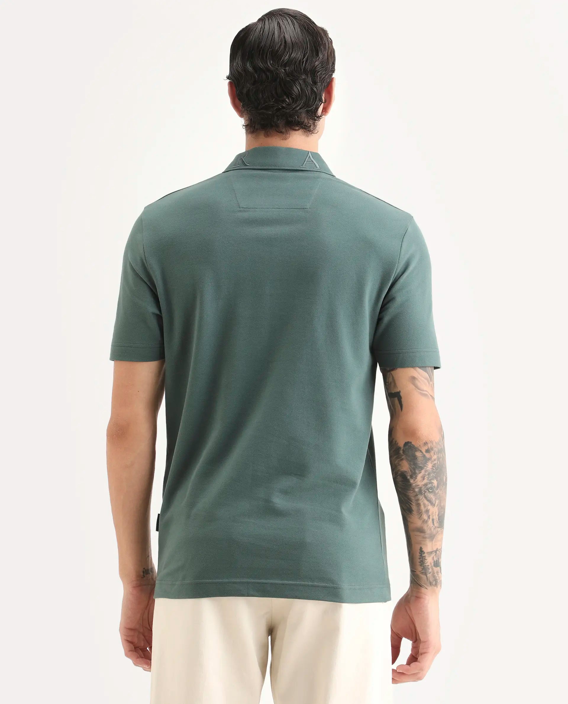 Rare Rabbit Men's Thero-S26 Dusky Green Cotton Blend Fabric Half Sleeve Spread Collar Regular Fit Plain Polo