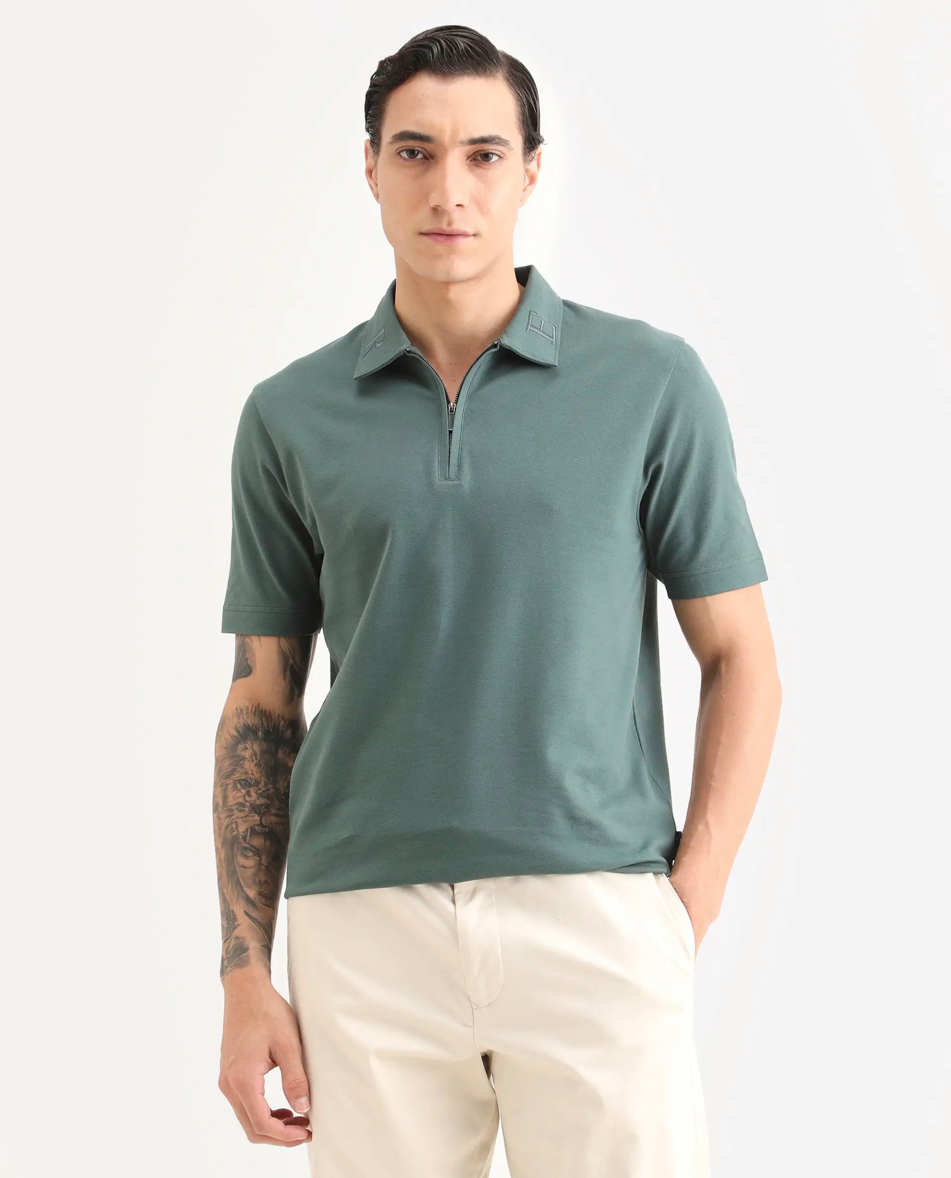Rare Rabbit Men's Thero-S26 Dusky Green Cotton Blend Fabric Half Sleeve Spread Collar Regular Fit Plain Polo