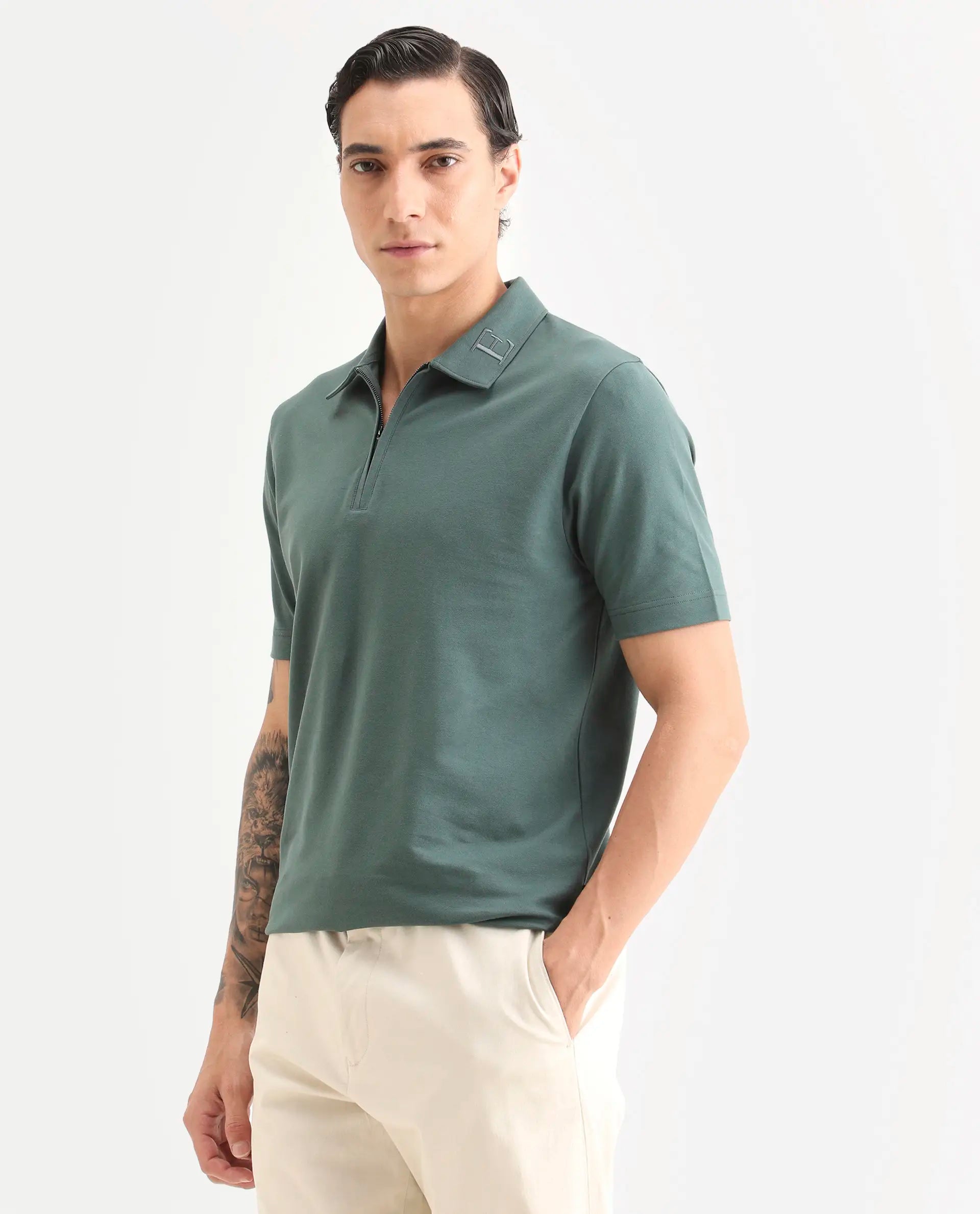 Rare Rabbit Men's Thero-S26 Dusky Green Cotton Blend Fabric Half Sleeve Spread Collar Regular Fit Plain Polo