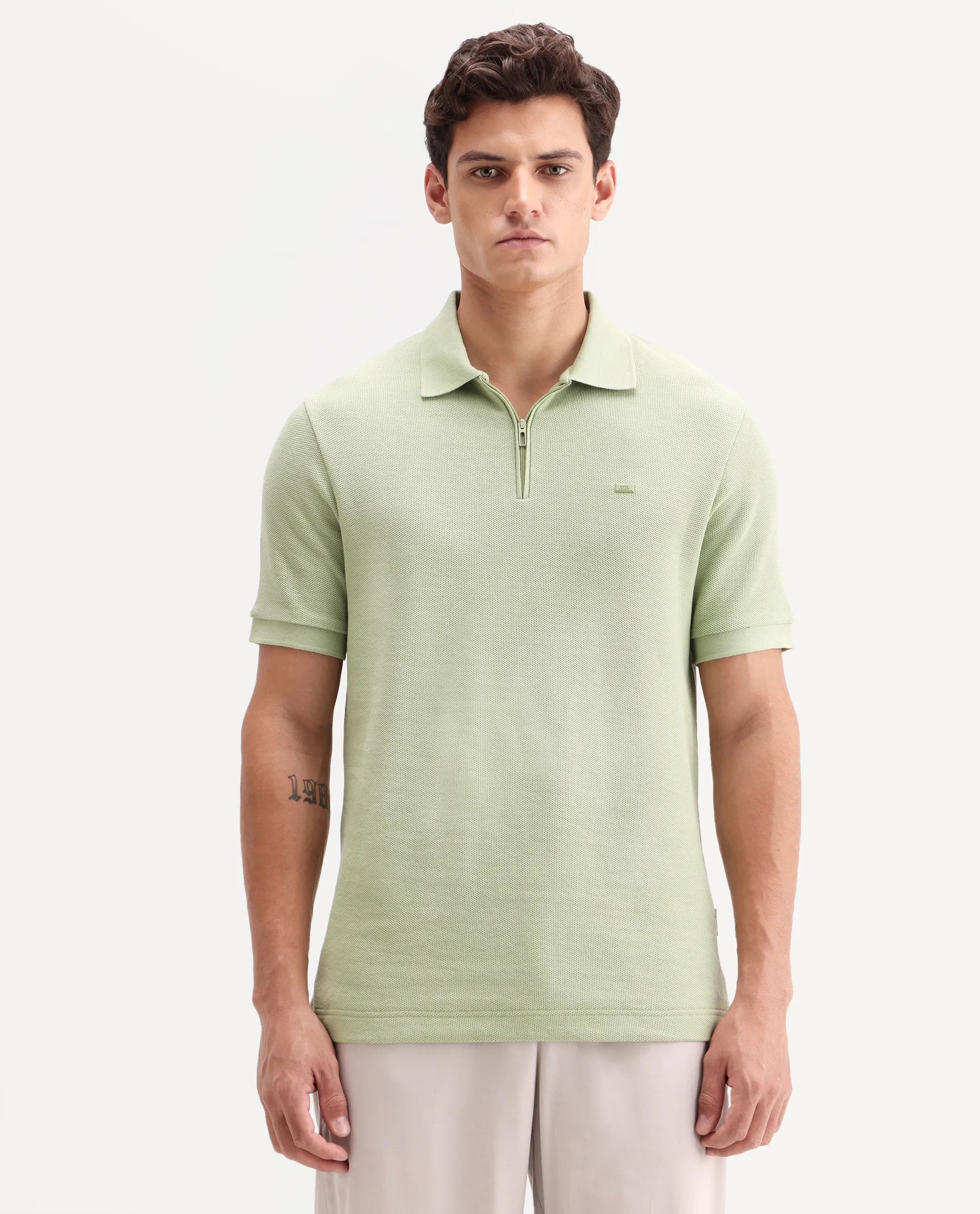 Rare Rabbit Men's Zaron Pastel Green Cotton Fabric Half Sleeve Spread Collar Regular Fit Plain Polo