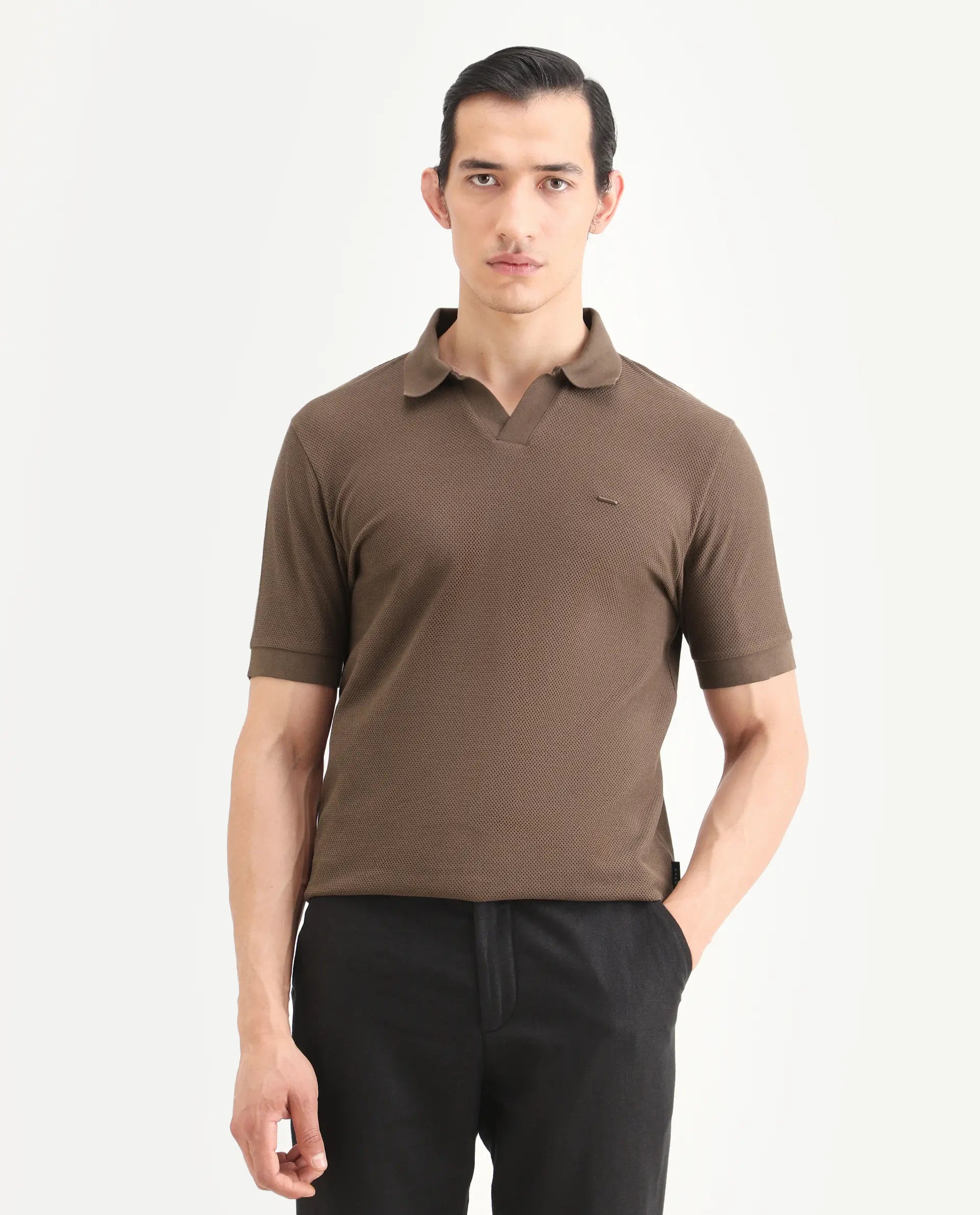Rare Rabbit Men's Zego Dusky Brown Cotton Blend Fabric Half Sleeve Jonny Collar Regular Fit Plain Polo