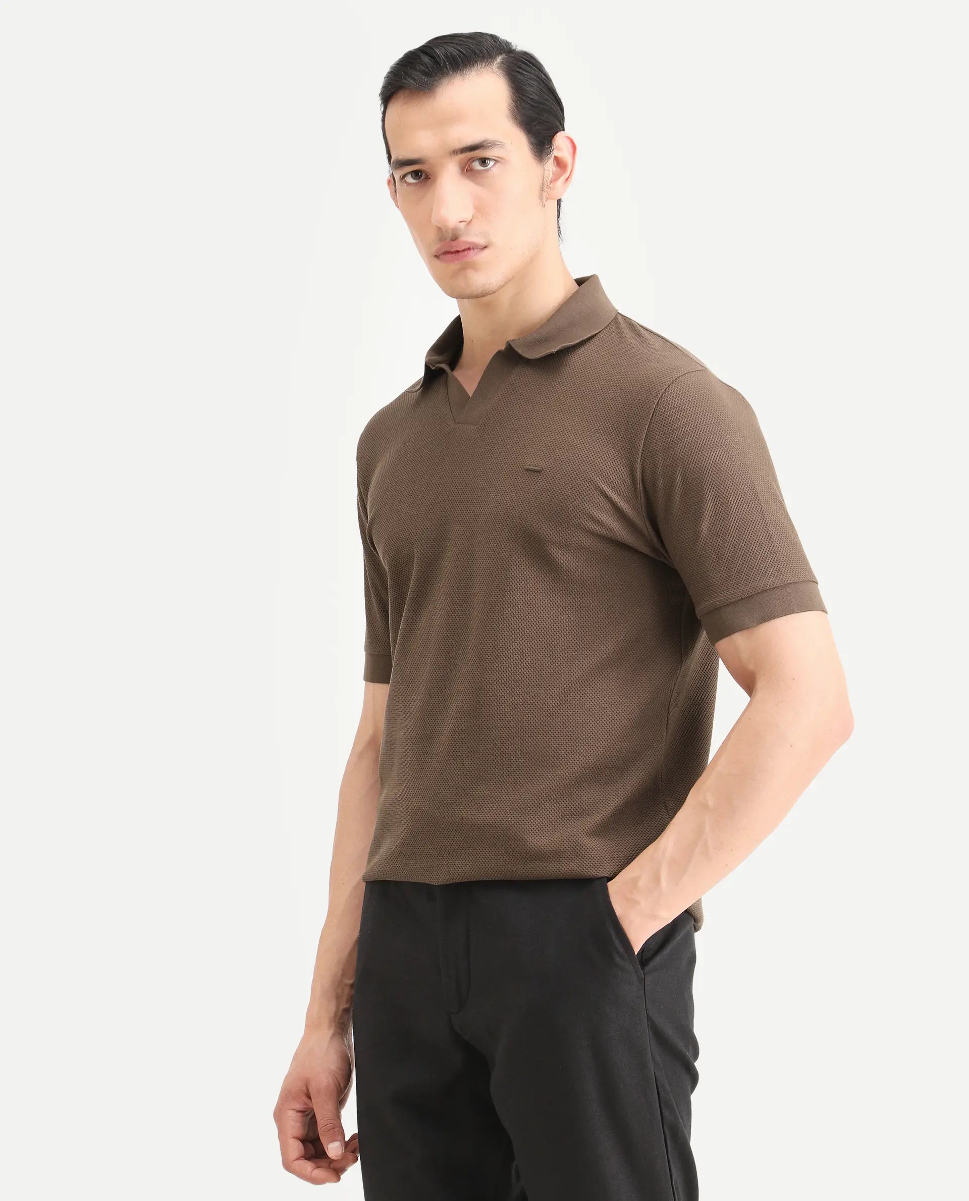 Rare Rabbit Men's Zego Dusky Brown Cotton Blend Fabric Half Sleeve Jonny Collar Regular Fit Plain Polo