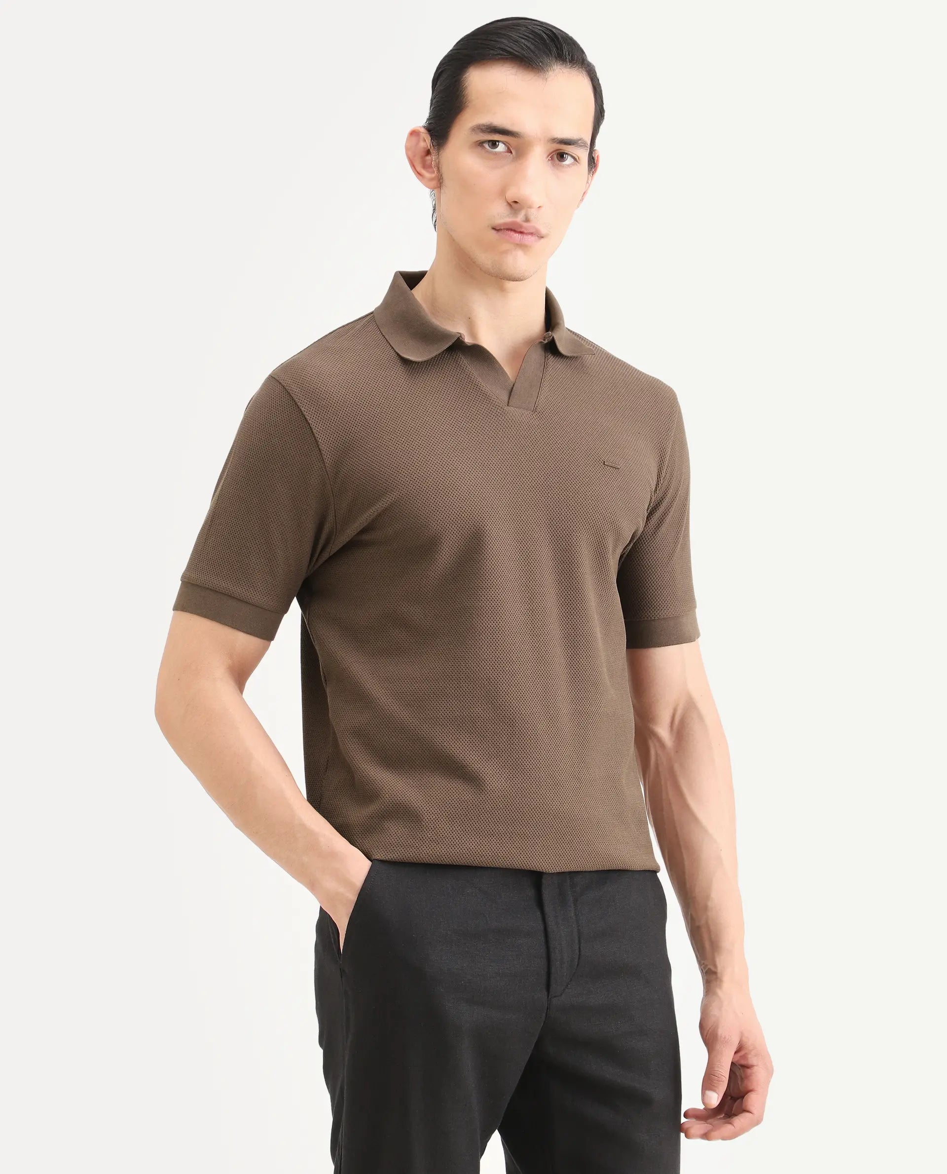 Rare Rabbit Men's Zego Dusky Brown Cotton Blend Fabric Half Sleeve Jonny Collar Regular Fit Plain Polo