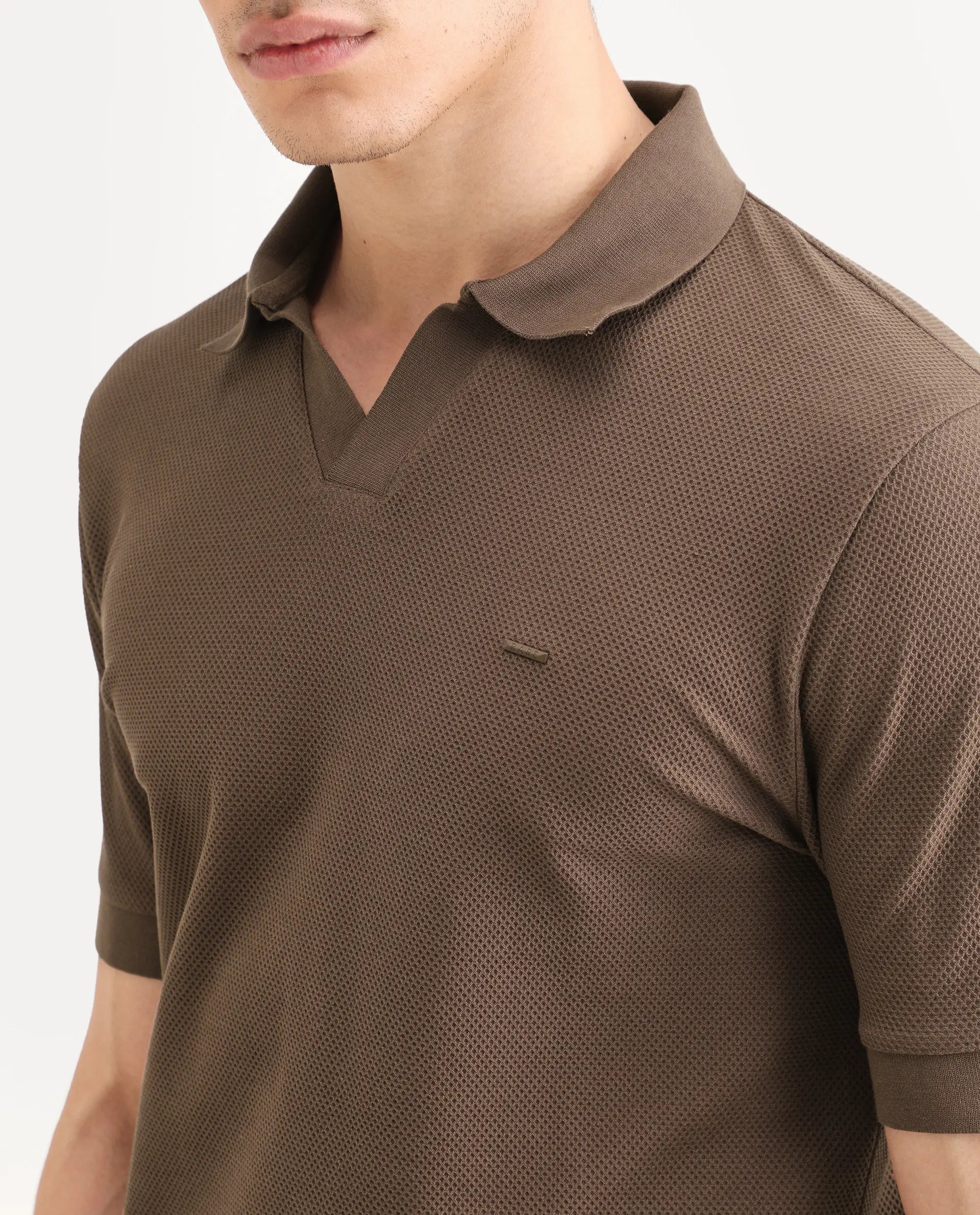 Rare Rabbit Men's Zego Dusky Brown Cotton Blend Fabric Half Sleeve Jonny Collar Regular Fit Plain Polo