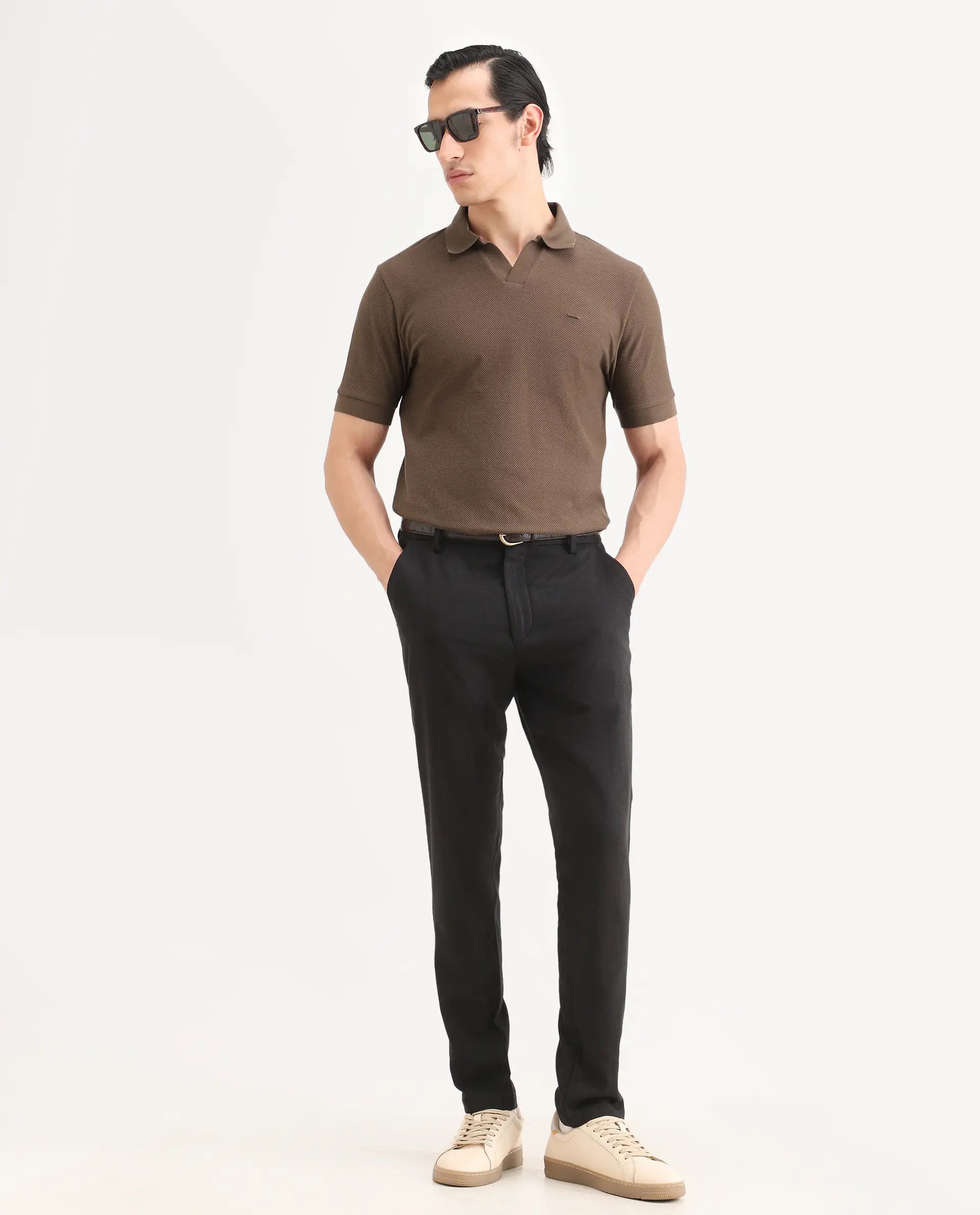 Rare Rabbit Men's Zego Dusky Brown Cotton Blend Fabric Half Sleeve Jonny Collar Regular Fit Plain Polo