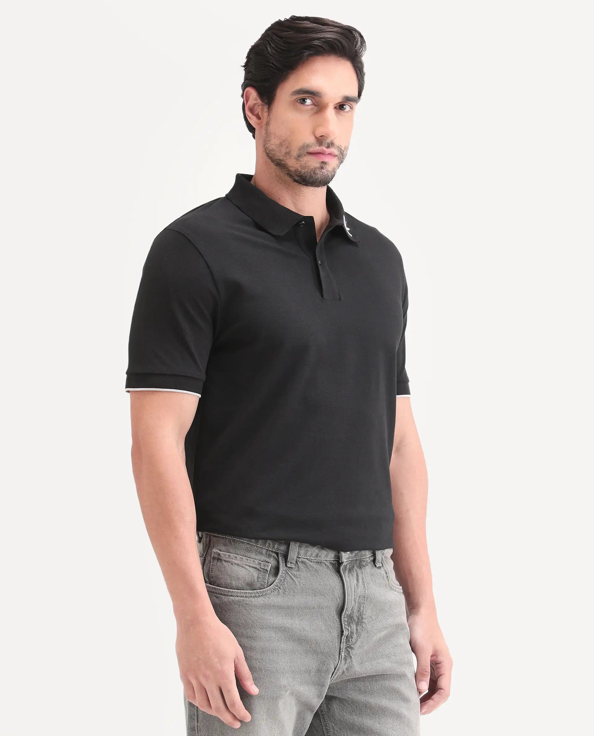 Rare Rabbit Men's Limo-S26 Black Cotton Blend Fabric Half Sleeve Spread Collar Regular Fit Plain Polo