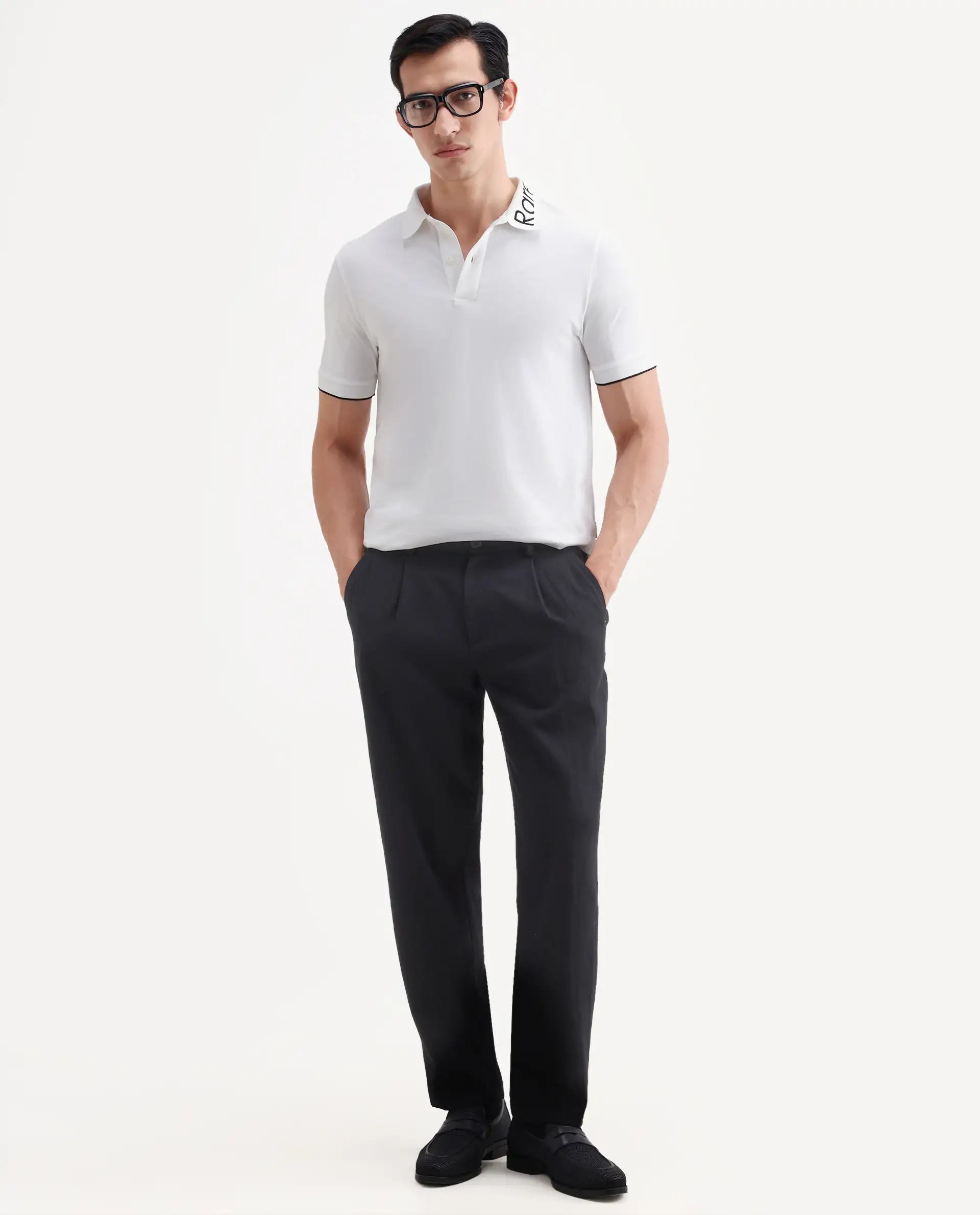 Rare Rabbit Men's Limo-S26 White Cotton Blend Fabric Half Sleeve Spread Collar Regular Fit Plain Polo