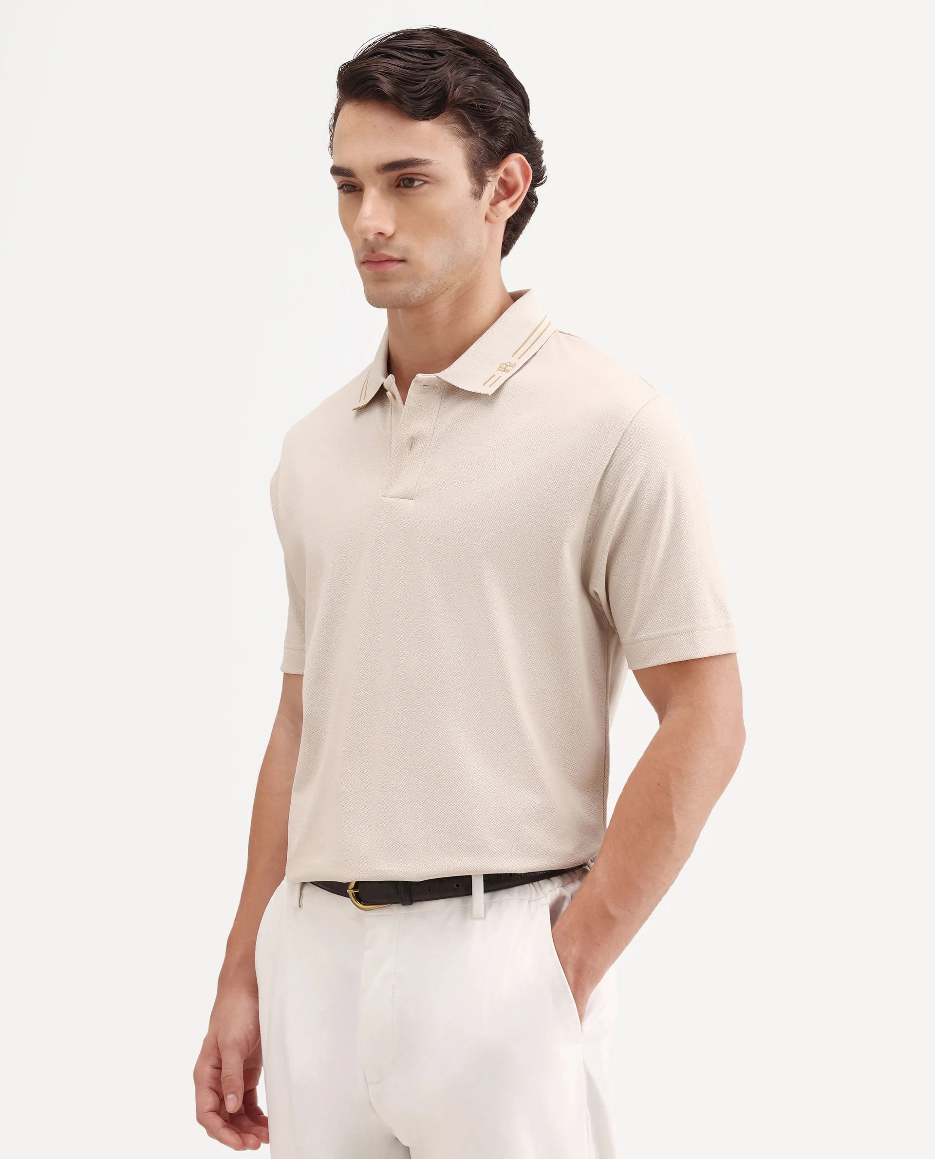 Rare Rabbit Men's Zirn Light Beige Cotton Fabric Half Sleeve Spread Collar Regular Fit Plain Polo