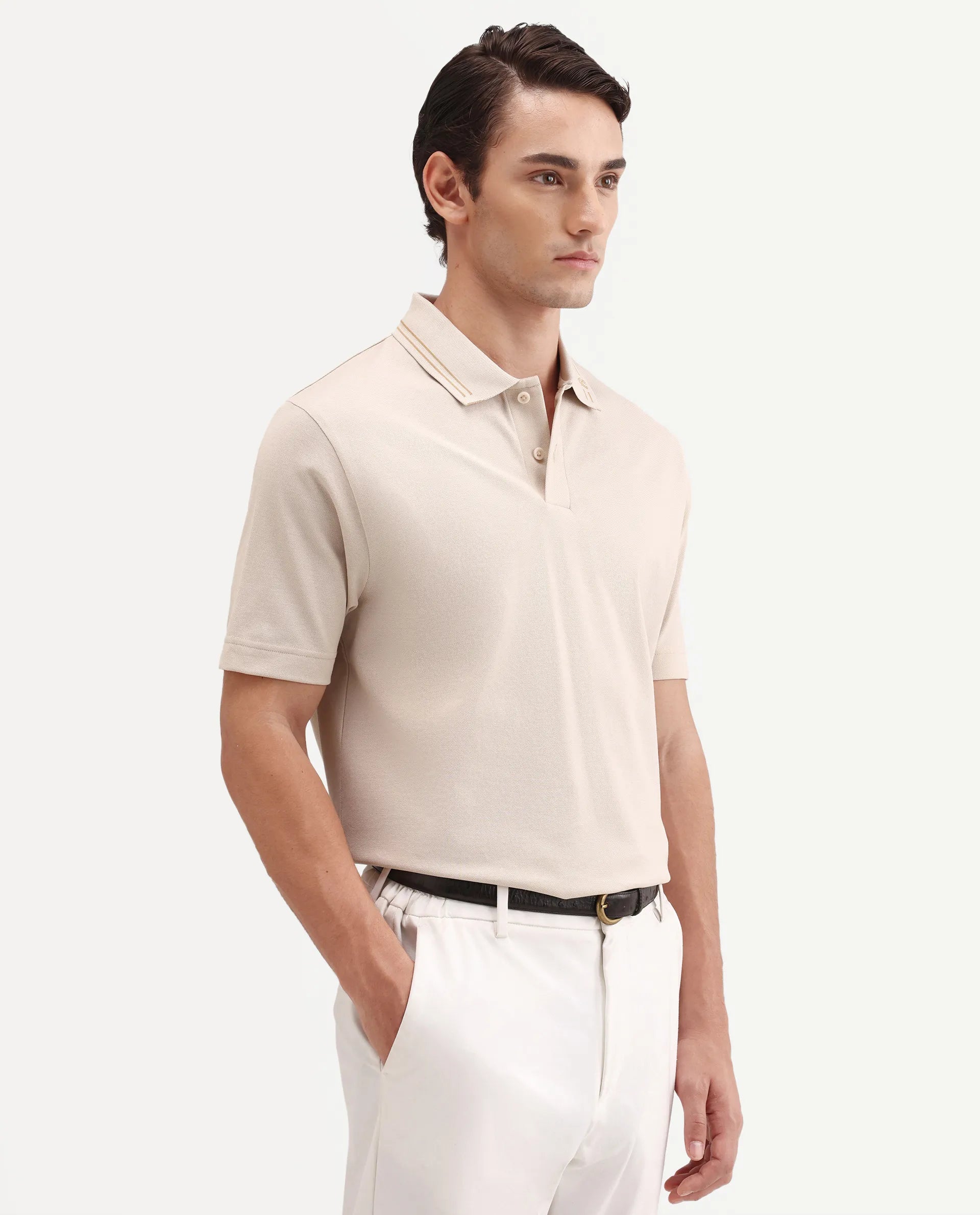 Rare Rabbit Men's Zirn Light Beige Cotton Fabric Half Sleeve Spread Collar Regular Fit Plain Polo