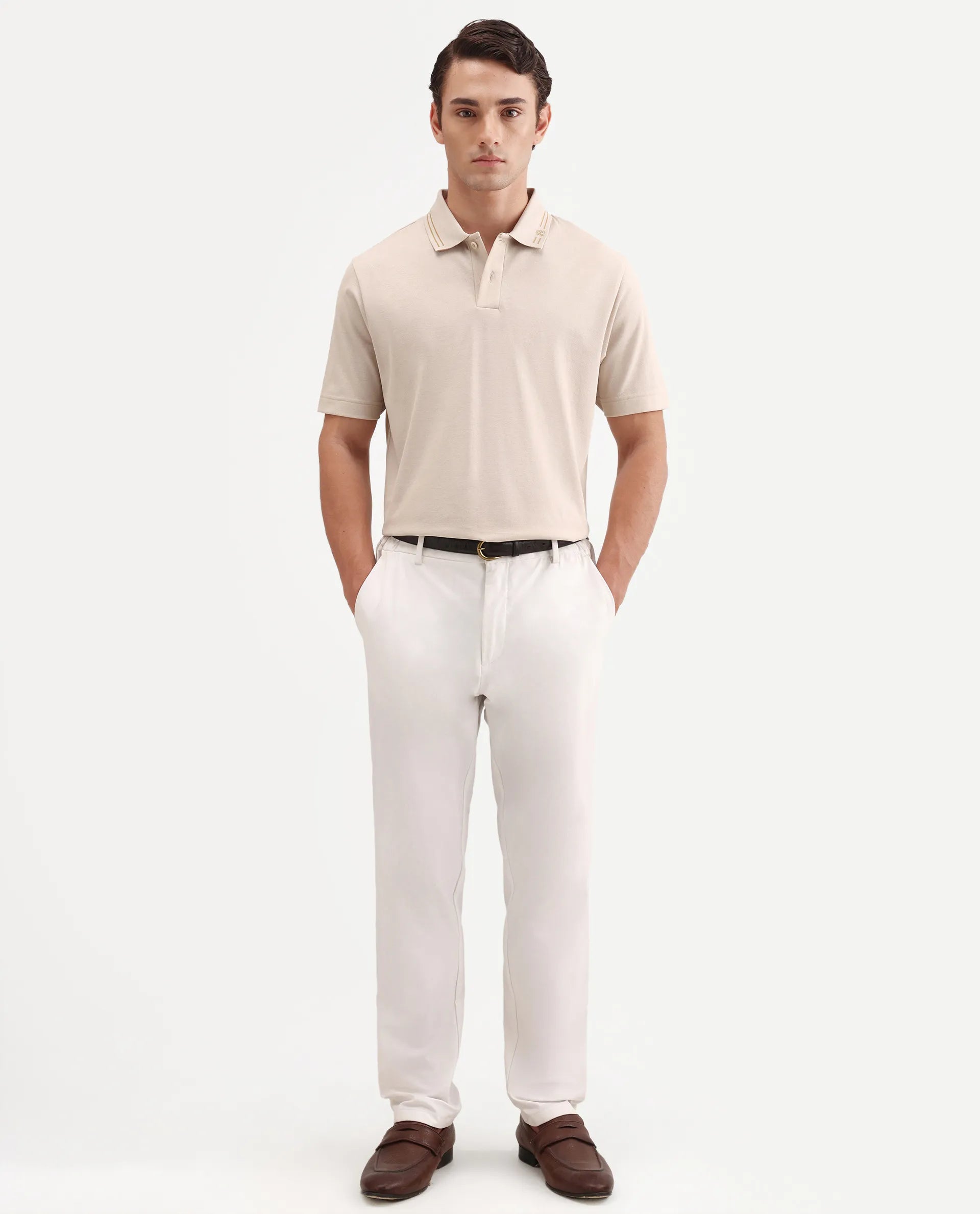 Rare Rabbit Men's Zirn Light Beige Cotton Fabric Half Sleeve Spread Collar Regular Fit Plain Polo