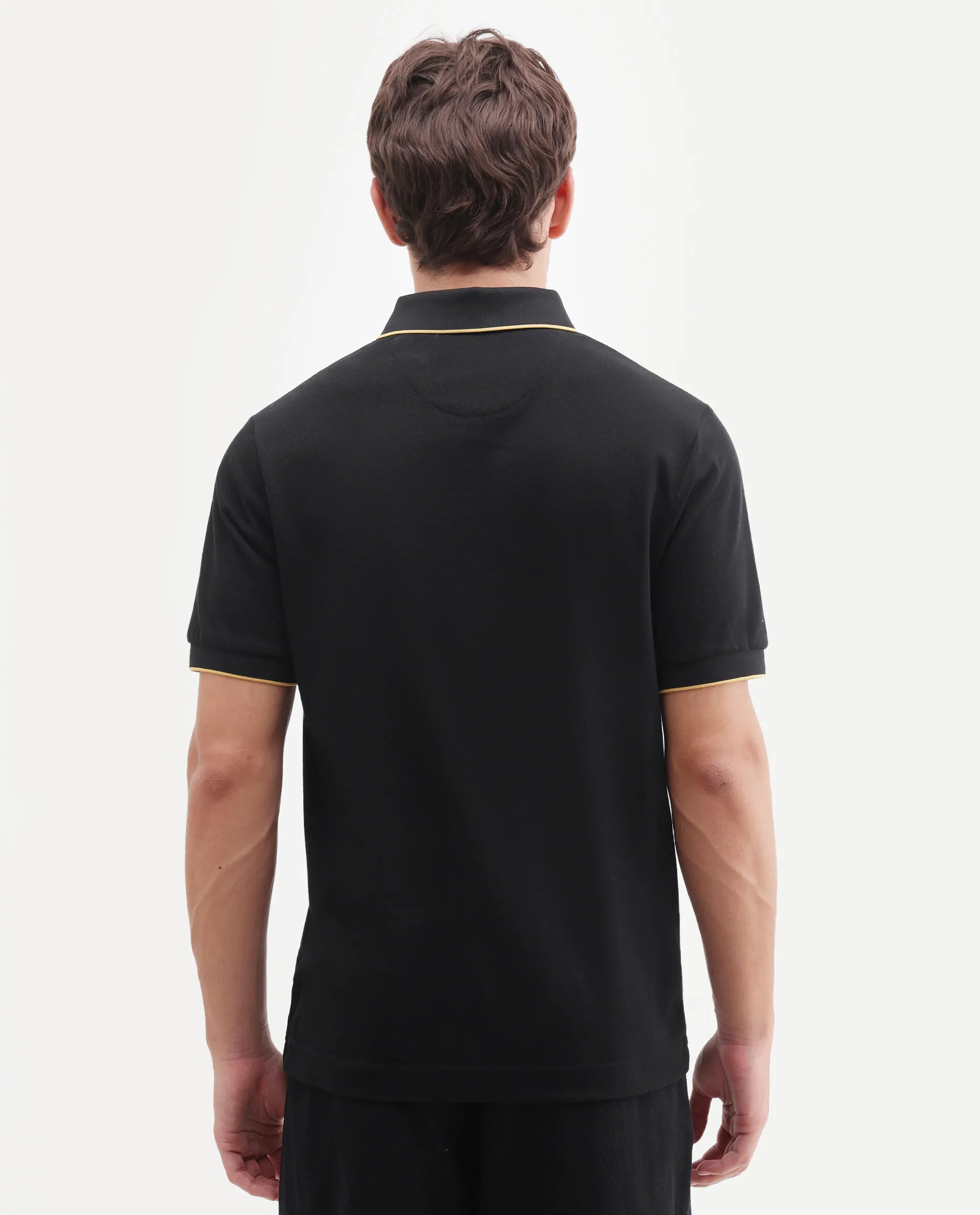 Rare Rabbit Men's Zirno Black Cotton Fabric Half Sleeve Spread Collar Regular Fit Plain Polo