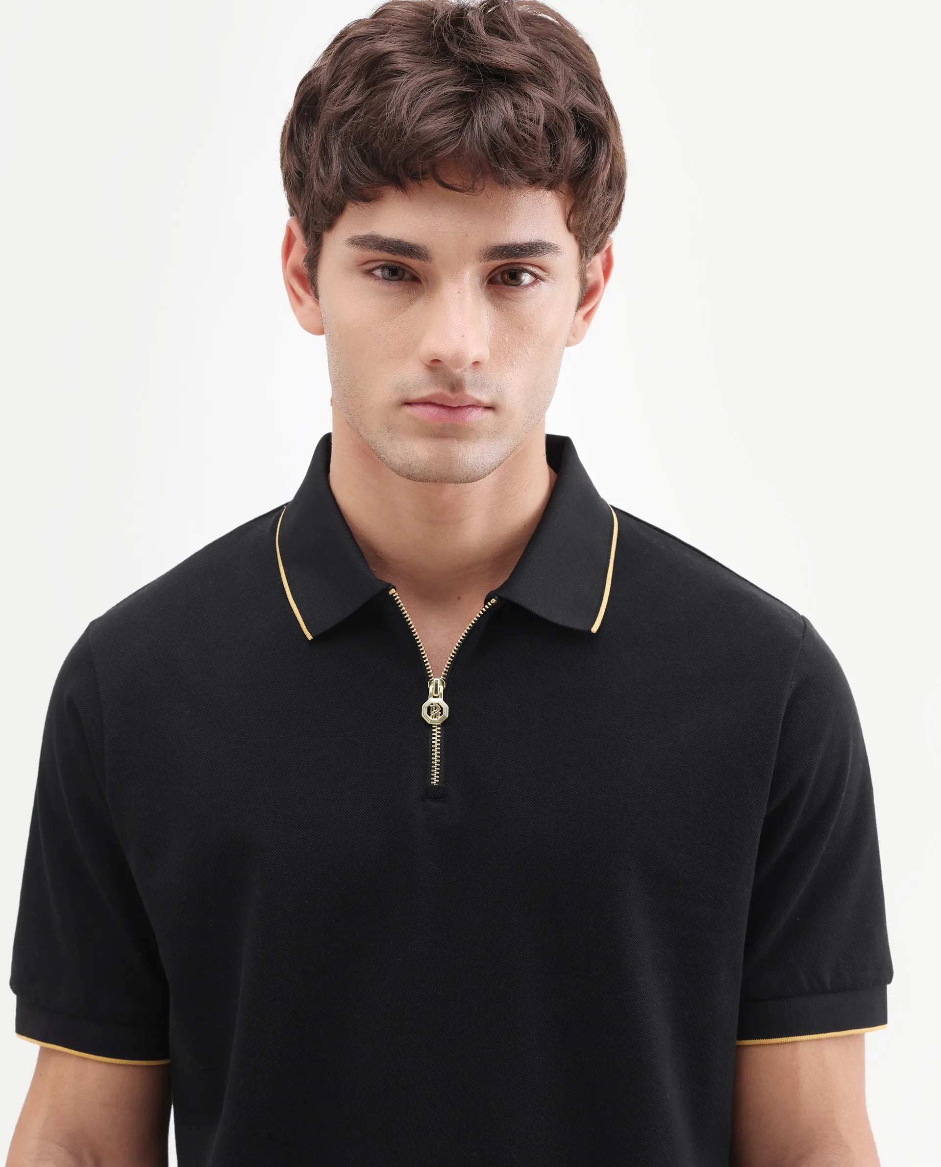 Rare Rabbit Men's Zirno Black Cotton Fabric Half Sleeve Spread Collar Regular Fit Plain Polo