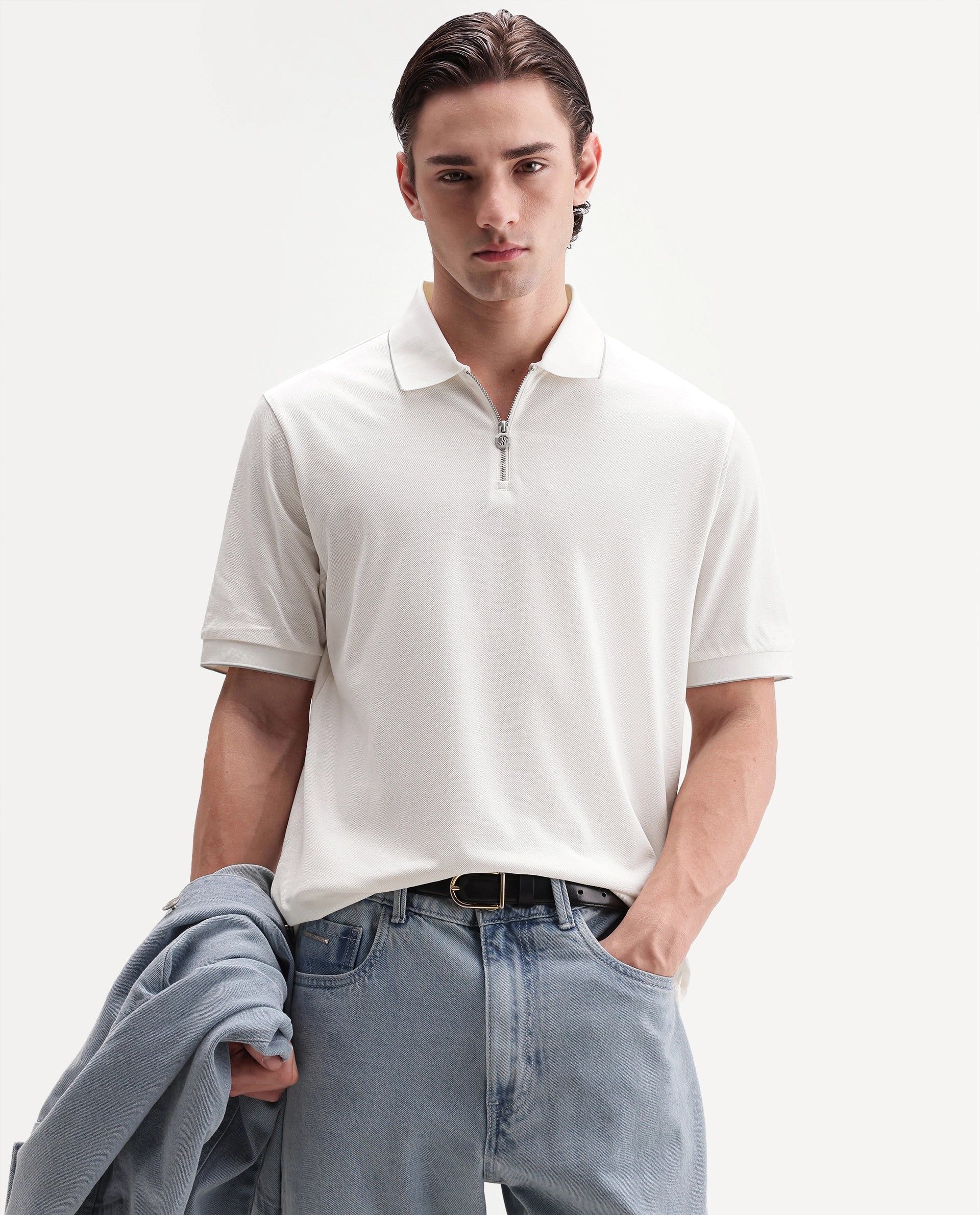 Rare Rabbit Men's Zirno White Cotton Fabric Half Sleeve Spread Collar Regular Fit Plain Polo