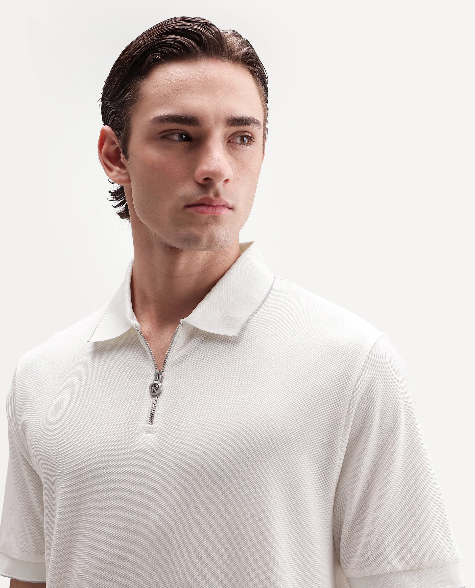 Rare Rabbit Men's Zirno White Cotton Fabric Half Sleeve Spread Collar Regular Fit Plain Polo