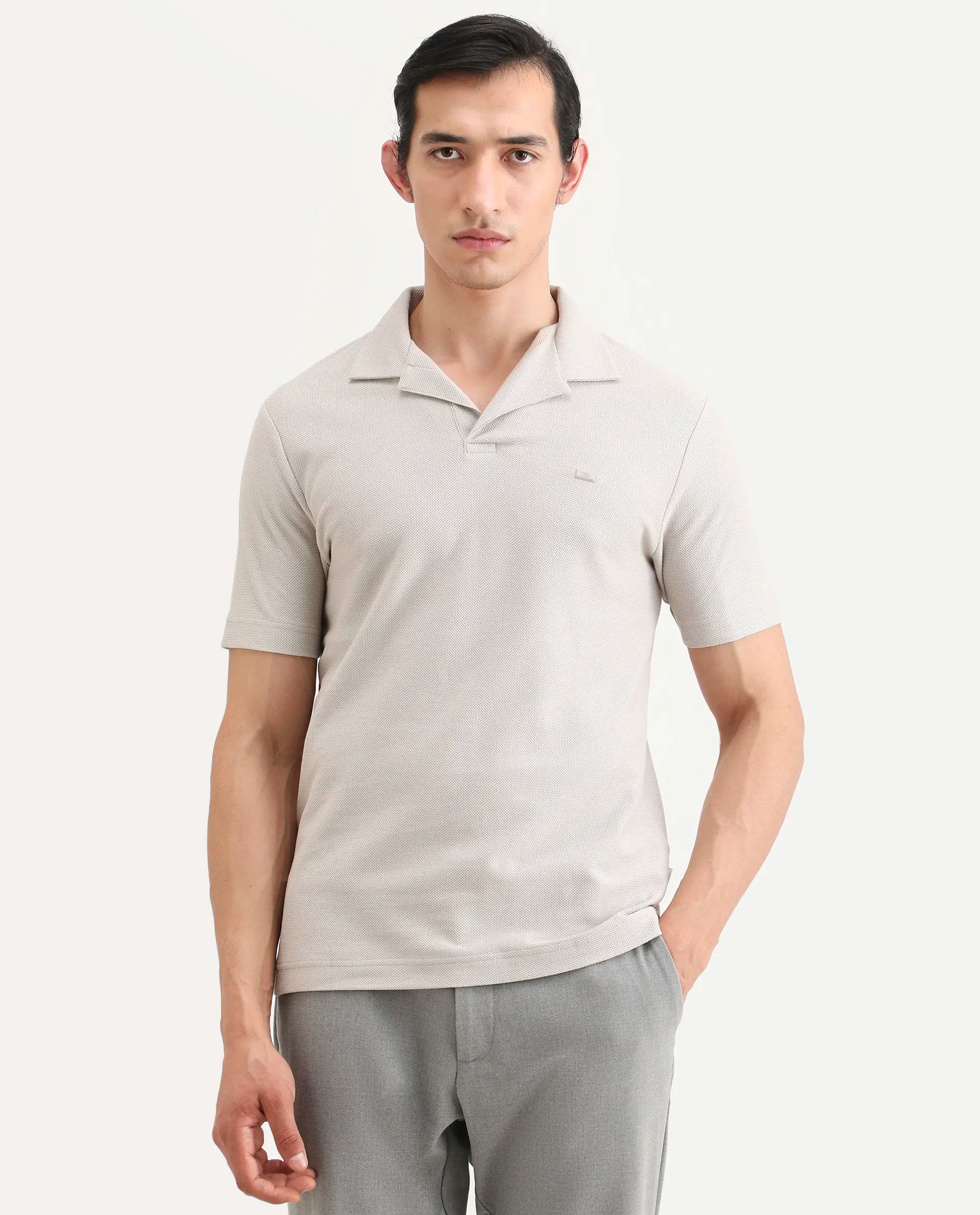Rare Rabbit Men's Zorv-S26 Dusky Grey Cotton Fabric Half Sleeve Cuban Collar Regular Fit Textured Polo