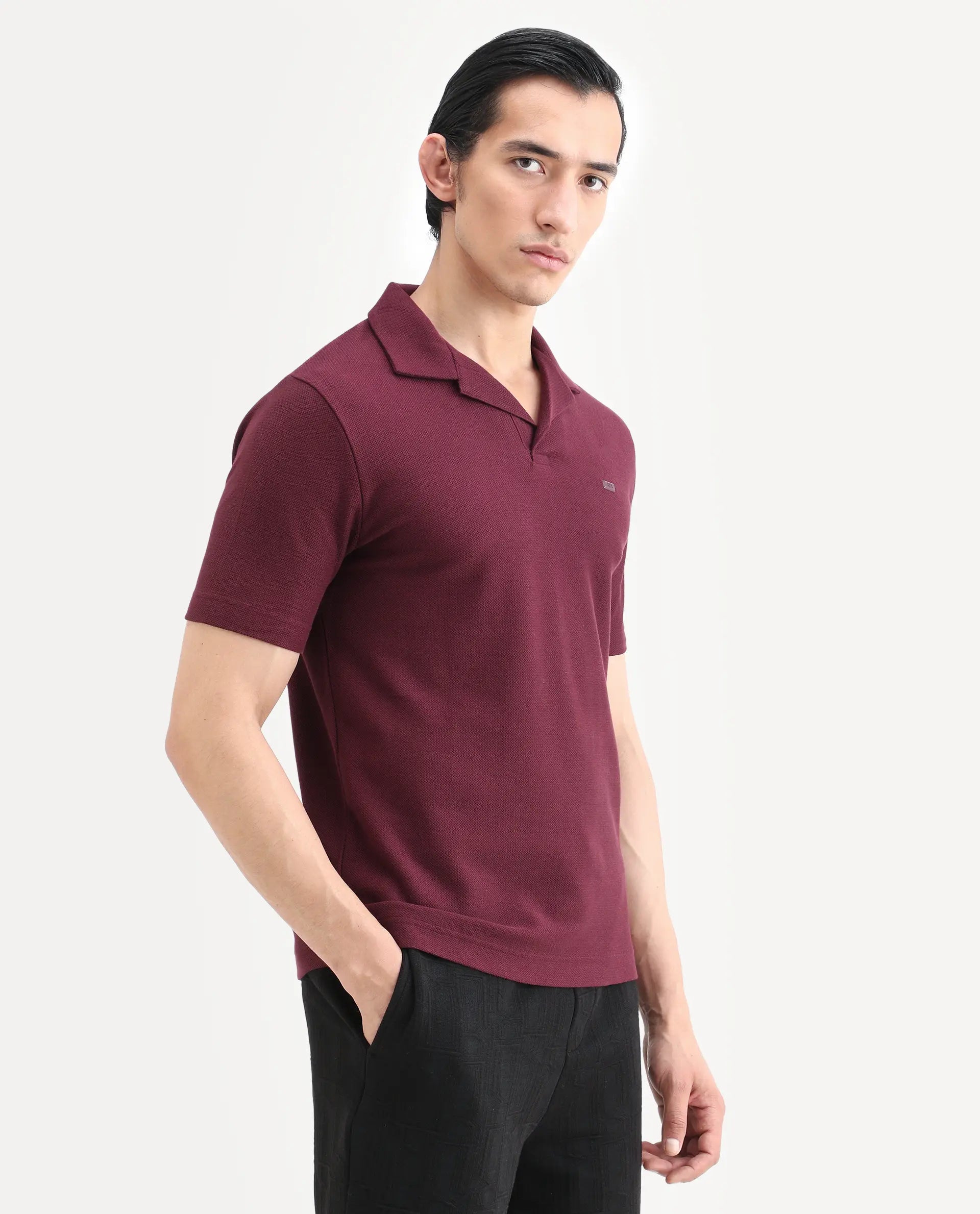 Rare Rabbit Men's Zorv-S26 Dark Red Cotton Fabric Half Sleeve Cuban Collar Regular Fit Textured Polo