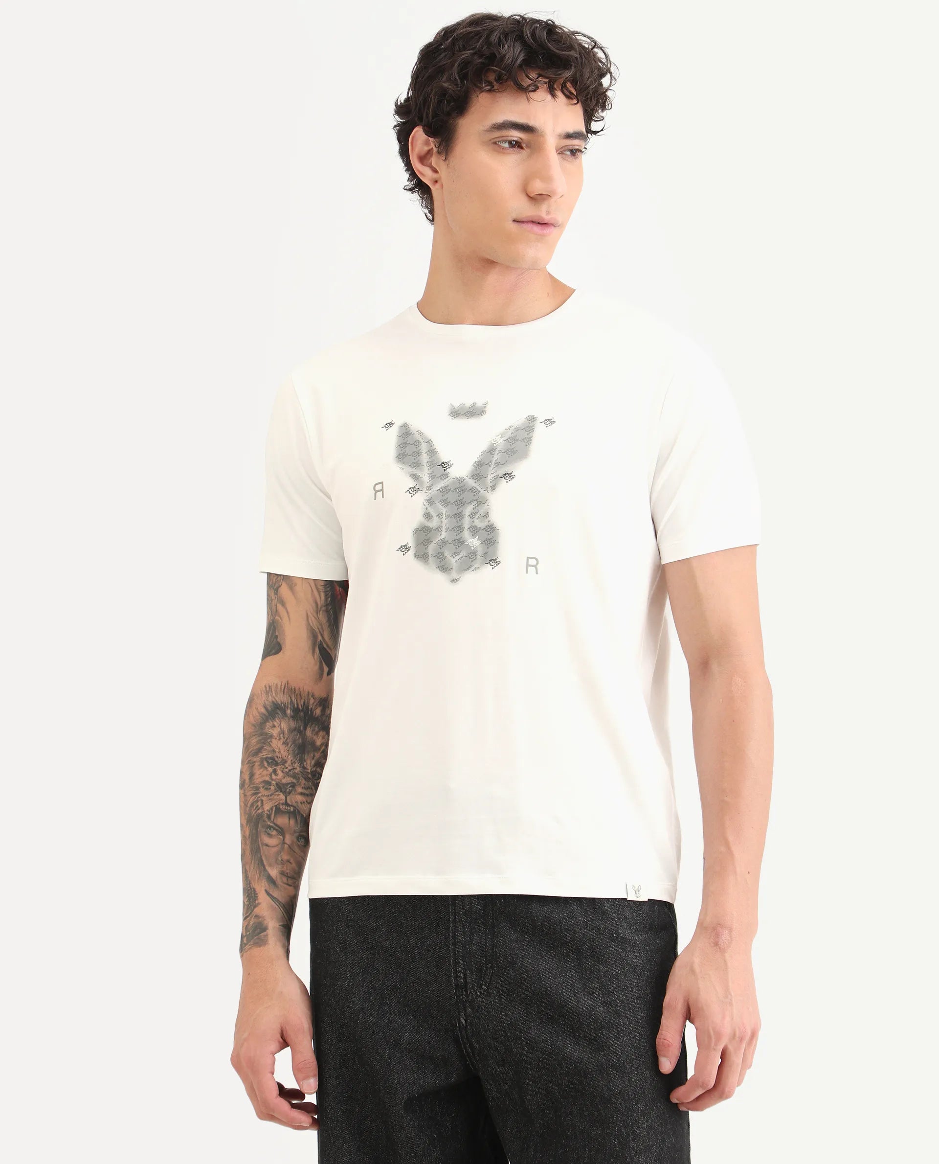 Rare Rabbit Men's Anc White Cotton Blend Fabric Half Sleeve Crew Neck Regular Fit Graphic Print T-Shirt
