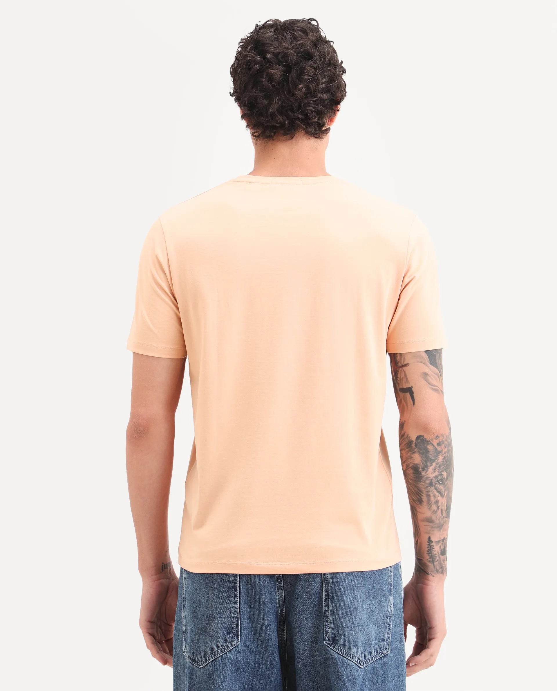 Rare Rabbit Men's Anc Peach Cotton Blend Fabric Half Sleeve Crew Neck Regular Fit Graphic Print T-Shirt