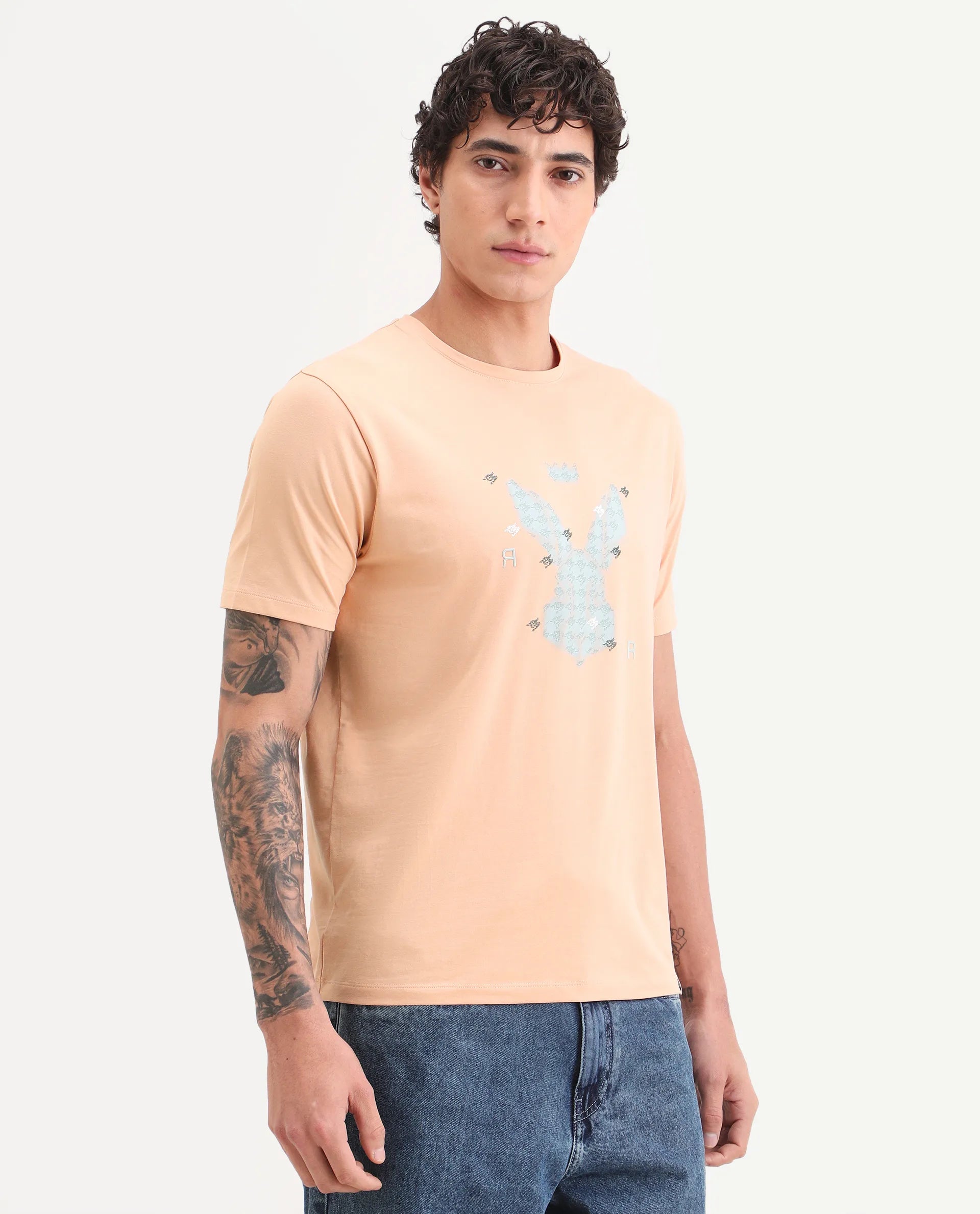 Rare Rabbit Men's Anc Peach Cotton Blend Fabric Half Sleeve Crew Neck Regular Fit Graphic Print T-Shirt