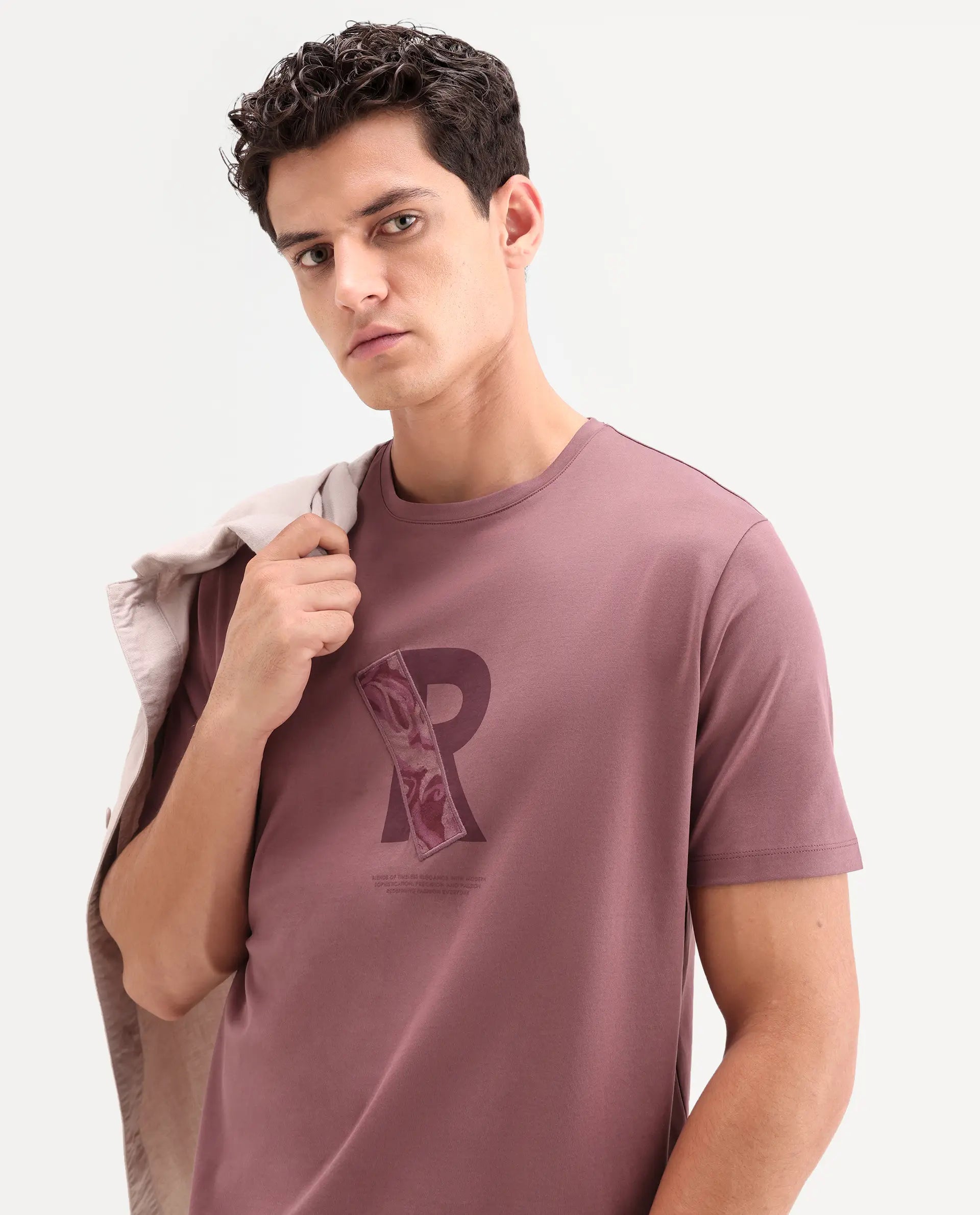 Rare Rabbit Men's Apli Dusky Pink Cotton Fabric Half Sleeve Crew Neck Regular Fit Graphic Print T-Shirt