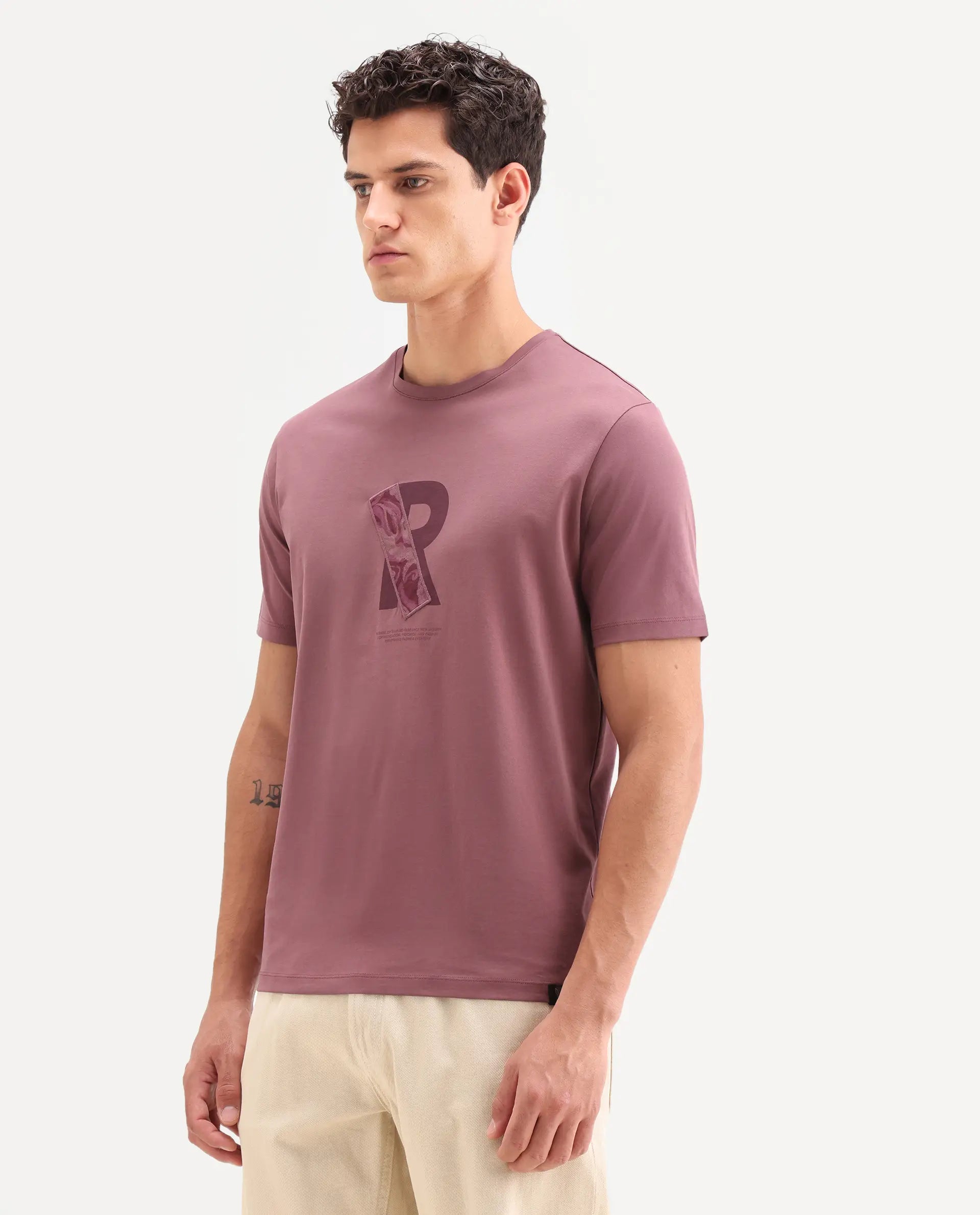 Rare Rabbit Men's Apli Dusky Pink Cotton Fabric Half Sleeve Crew Neck Regular Fit Graphic Print T-Shirt