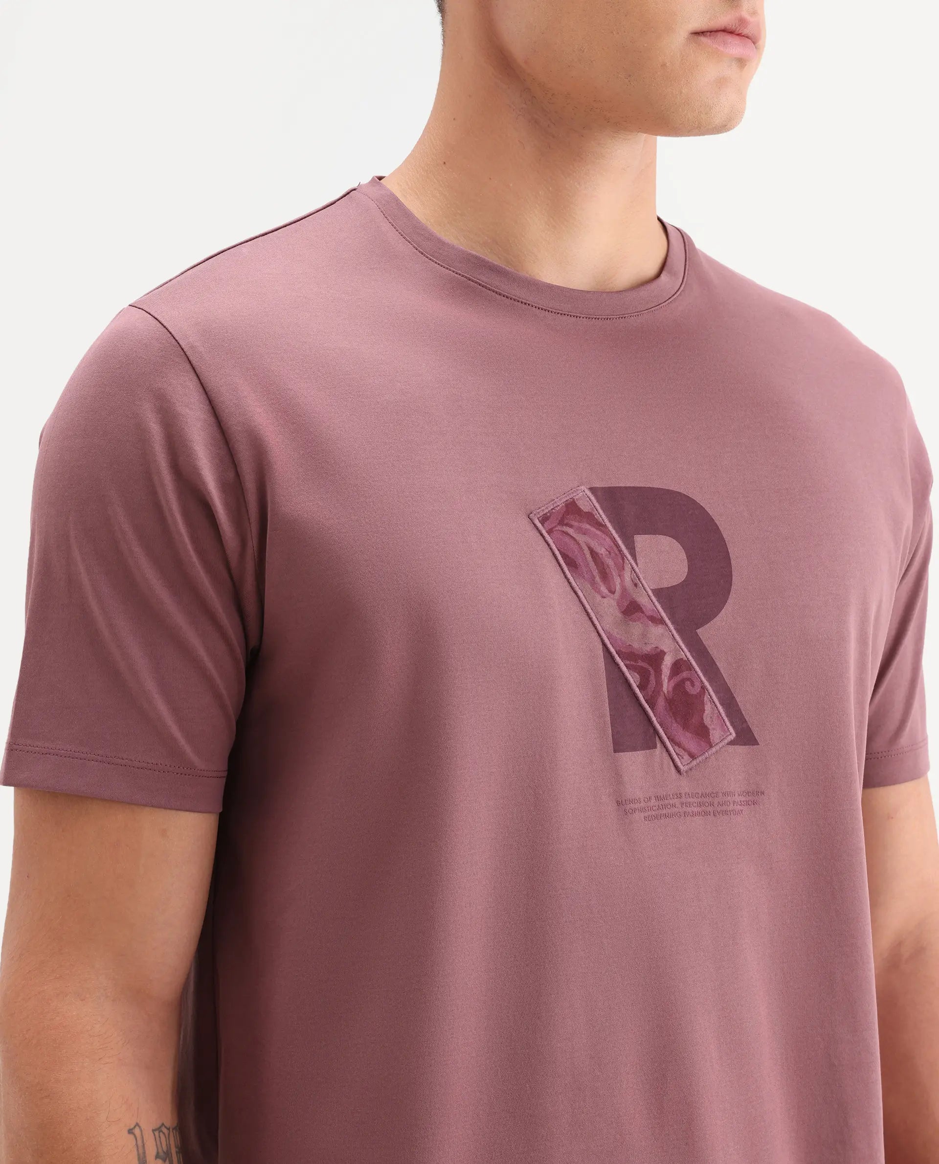 Rare Rabbit Men's Apli Dusky Pink Cotton Fabric Half Sleeve Crew Neck Regular Fit Graphic Print T-Shirt