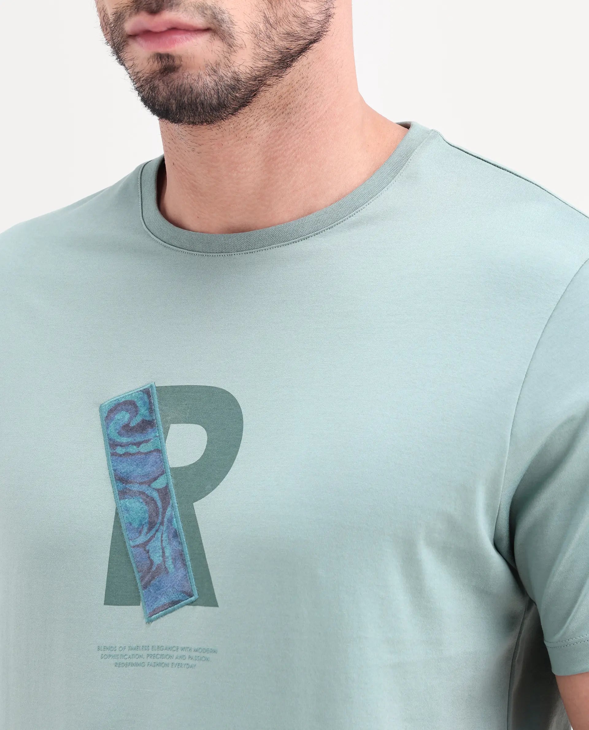 Rare Rabbit Men's Apli Dusky Green Cotton Fabric Half Sleeve Crew Neck Regular Fit Graphic Print T-Shirt