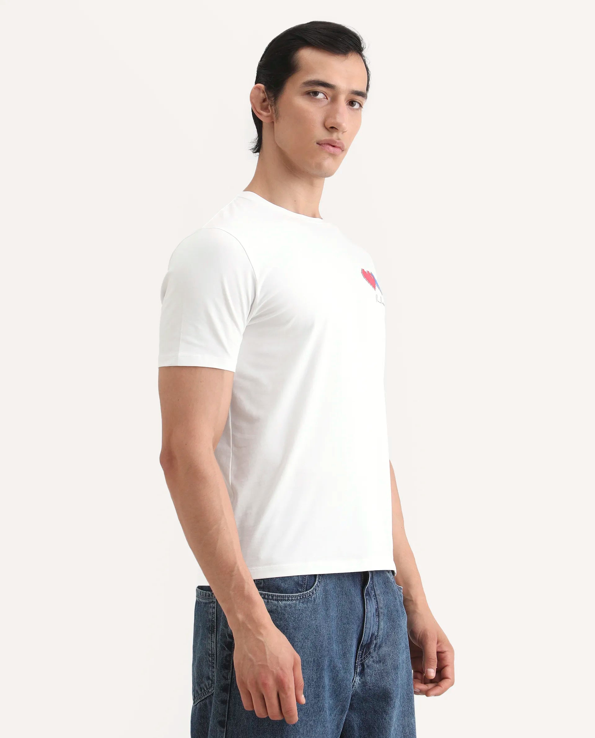 Rare Rabbit Men's Arota-S26 White Cotton Blend Fabric Half Sleeve Crew Neck Regular Fit Graphic Print T-Shirt