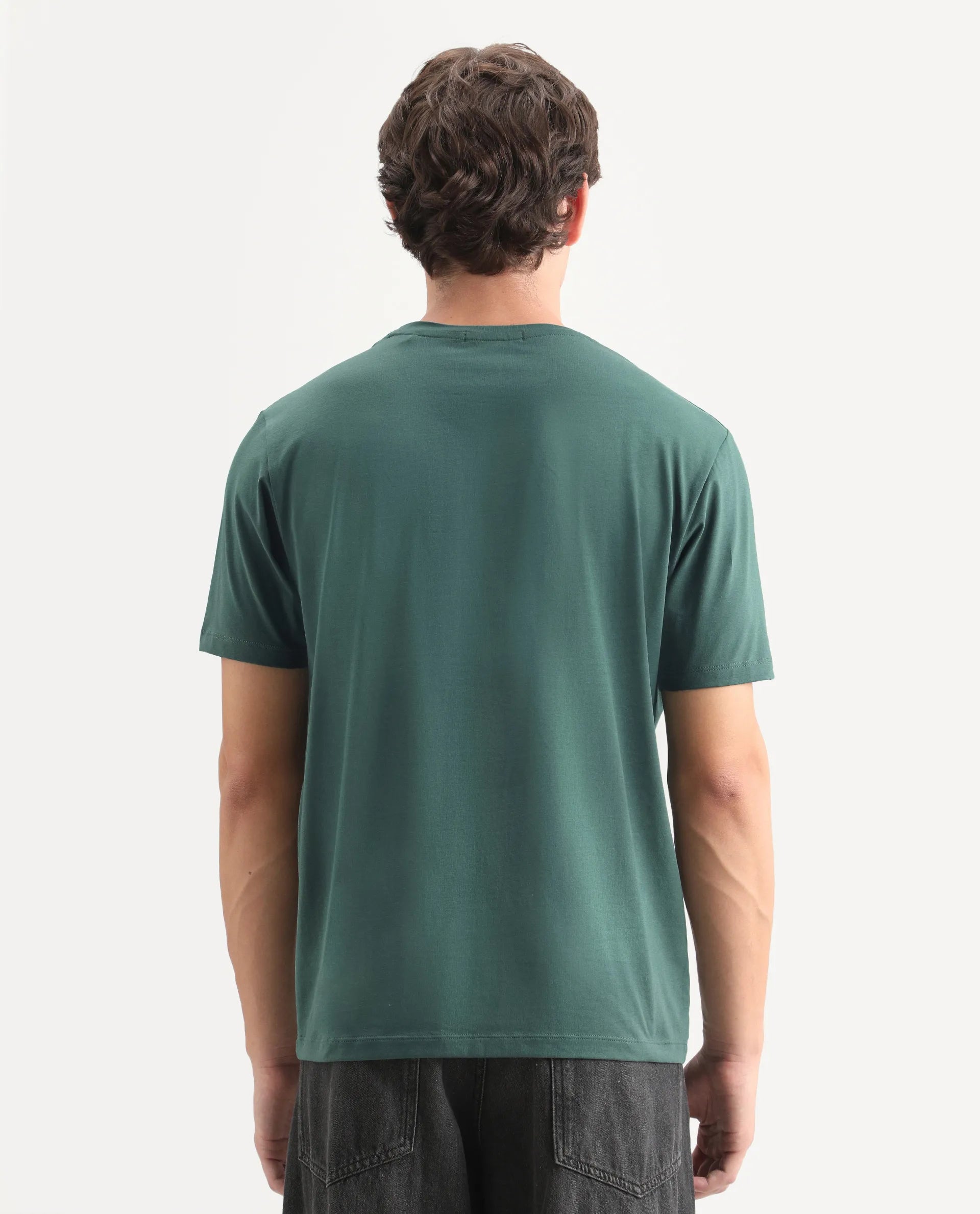 Rare Rabbit Men's Ary Dusky Green Cotton Blend Fabric Half Sleeve Crew Neck Regular Fit Graphic Print T-Shirt