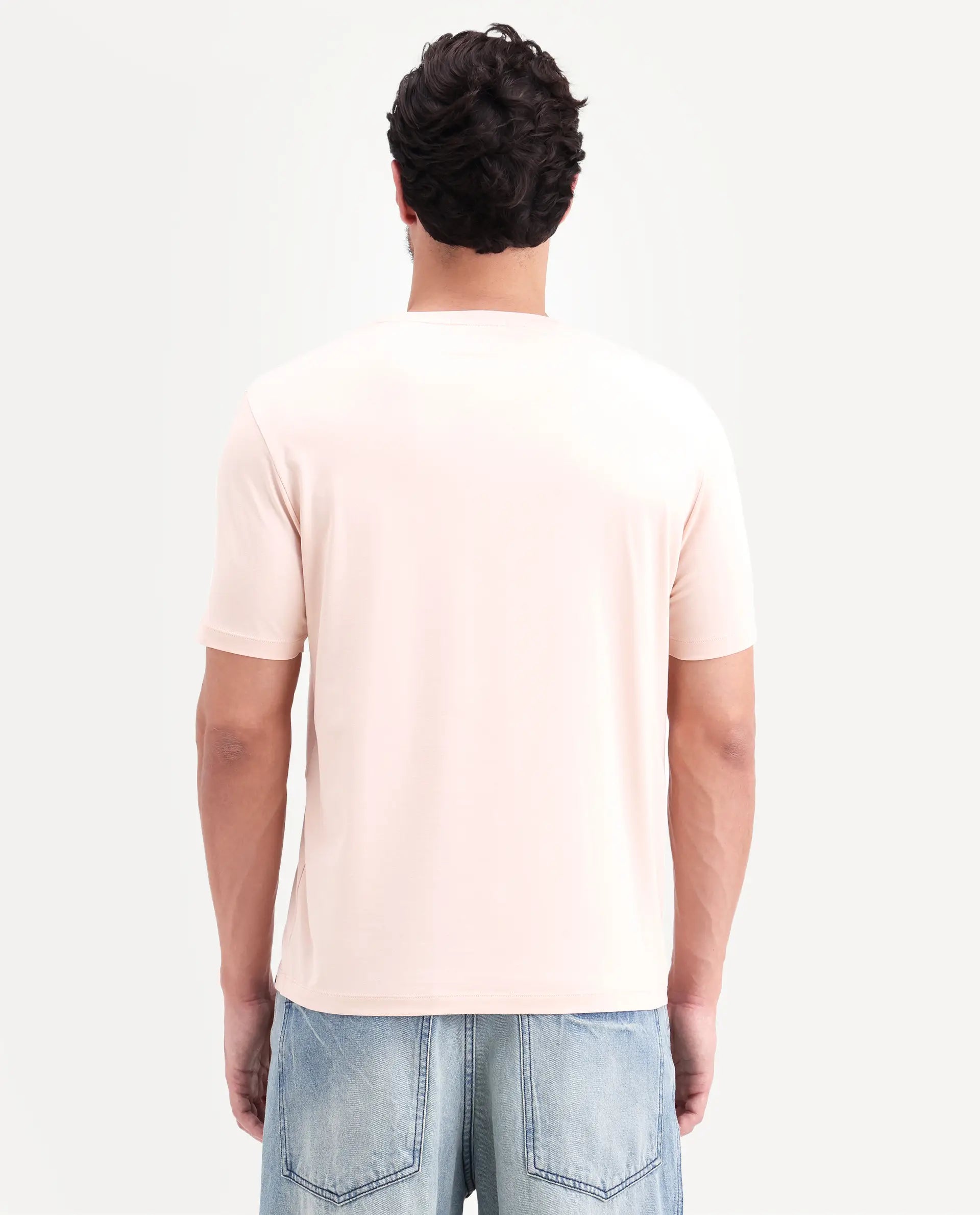 Rare Rabbit Men's Ary Pastel Peach Cotton Blend Fabric Half Sleeve Crew Neck Regular Fit Graphic Print T-Shirt