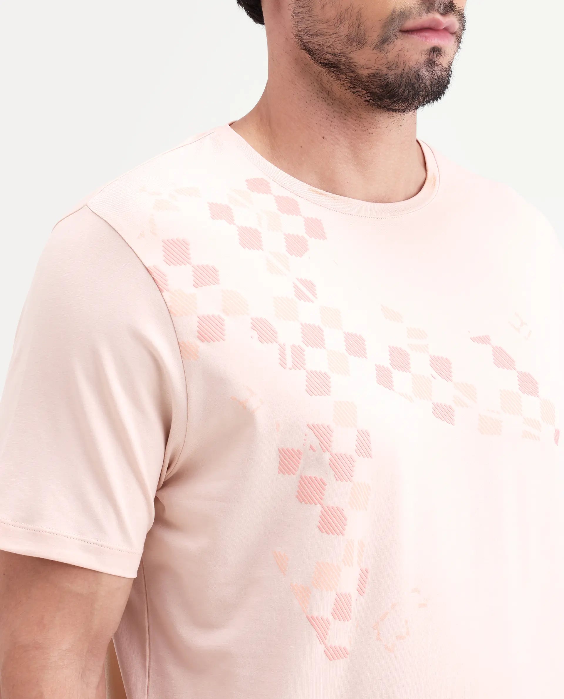 Rare Rabbit Men's Ary Pastel Peach Cotton Blend Fabric Half Sleeve Crew Neck Regular Fit Graphic Print T-Shirt